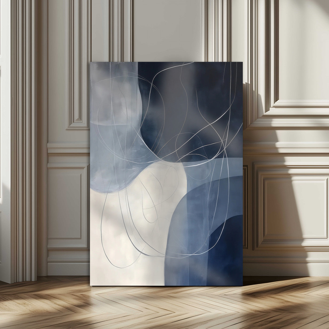 62566633-MGV-CV-24X36-Navy Abstract Wall Art Canvas Print – Framed Minimal Lineart Shapes Modern Geometric Minimalist Artwork for Home Office