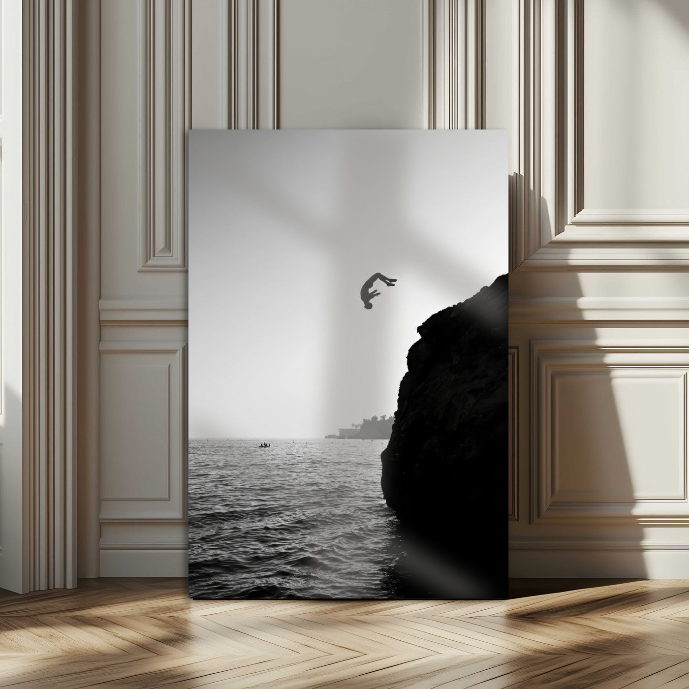 99497106-MGV-CV-24X36-Cliff Jumping Silhouette Wall Art Canvas Print – Framed Black White Ocean Monochrome Adventure Artwork for Home Office