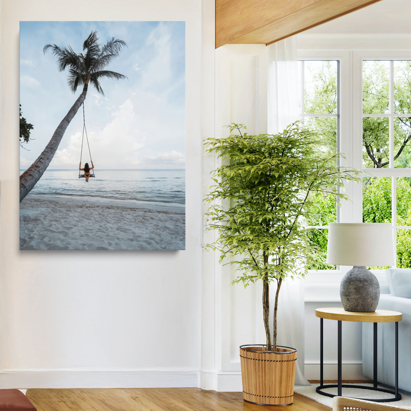 86062249-MGV-CV-36X24-Tropical Swing Wall Art Canvas Print – Palm Trees Ocean View Relaxing Beach Minimalist Coastal Decor Artwork