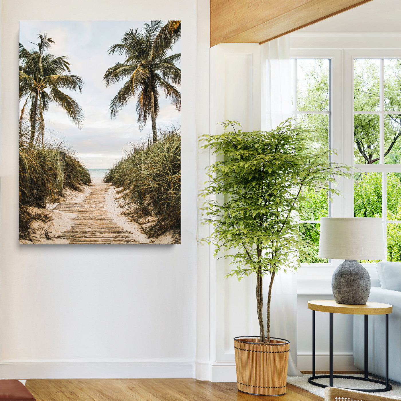 47319550-MGV-CV-36X24-Tropical Beach Wall Art Canvas Print – Framed Coastal Palm Tree Scene with Rustic Sand Ocean Artwork for Home, Office