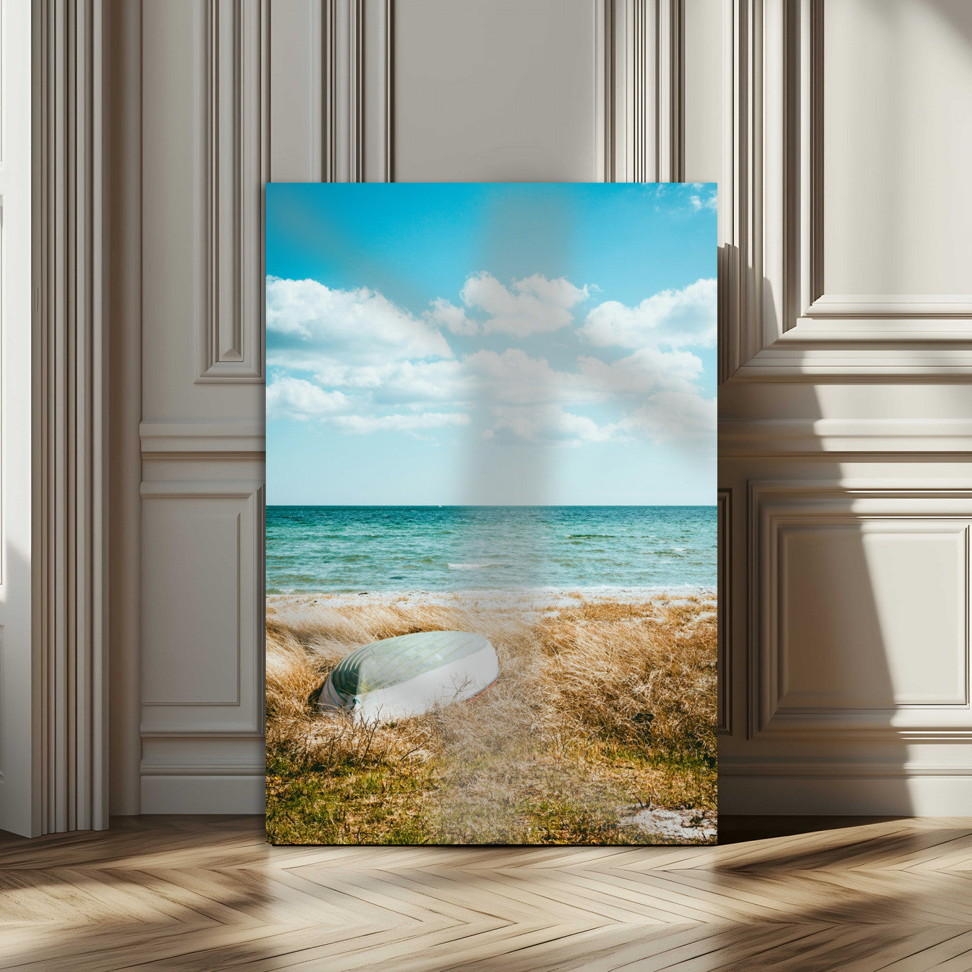 -Coastal Serenity Wall Art Canvas Print – Framed Ocean View Rustic Boat Nautical Scene Artwork for Home Office