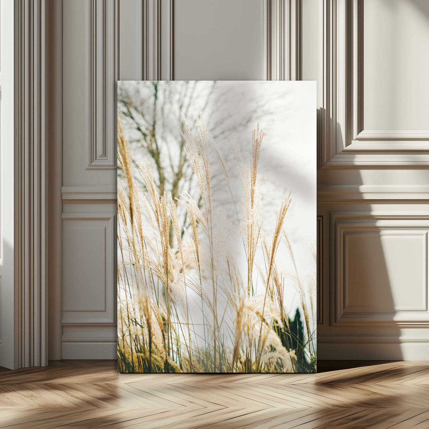 -Pampas Grass Wall Art Canvas Print – Framed Neutral Tones Minimalist Nature Scene Artwork for Home Office
