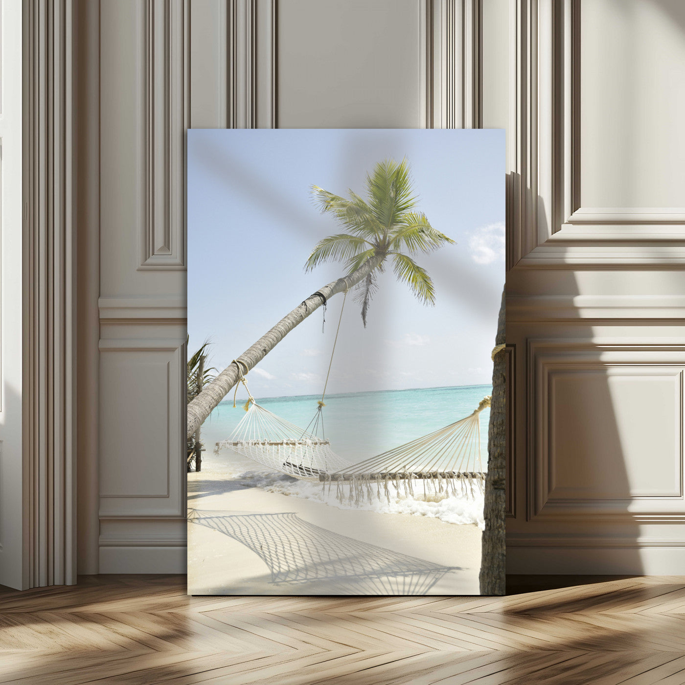 39927211-MGV-CV-24X36-Beach Hammock Wall Art Canvas Print – Framed Tropical Paradise Coastal Serenity Artwork for Home Office