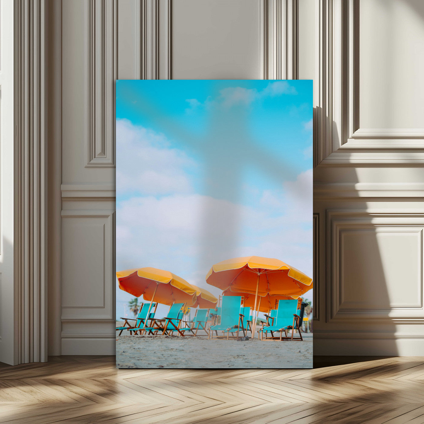 20422711-MGV-CV-24X36-Beach Umbrellas Wall Art Canvas Print – Framed Tropical Coastal Paradise Nature Scene Artwork for Home Office