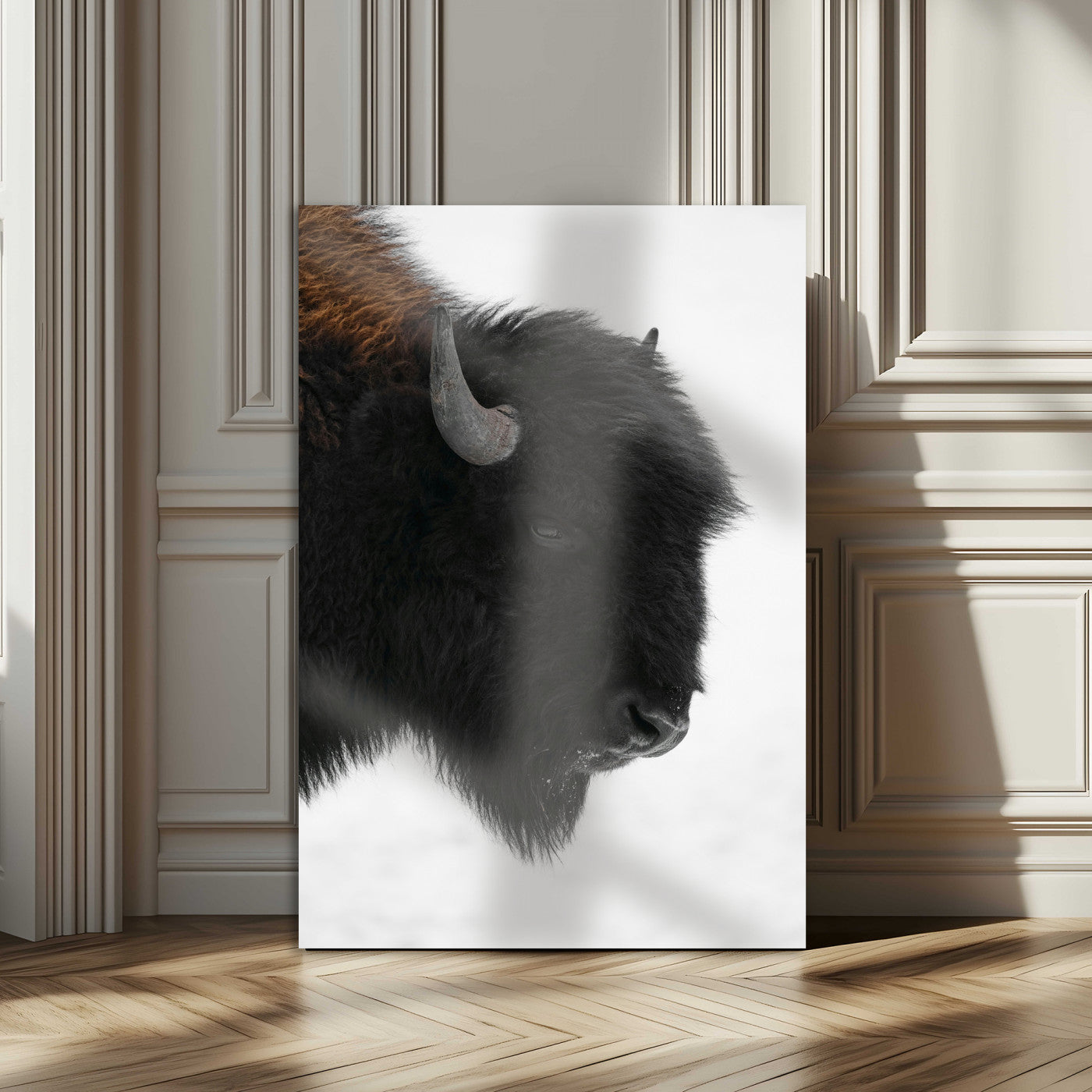 -Western Rustic Wall Art Canvas Print – Framed Buffalo Black and White Wildlife Photography Artwork for Home Office