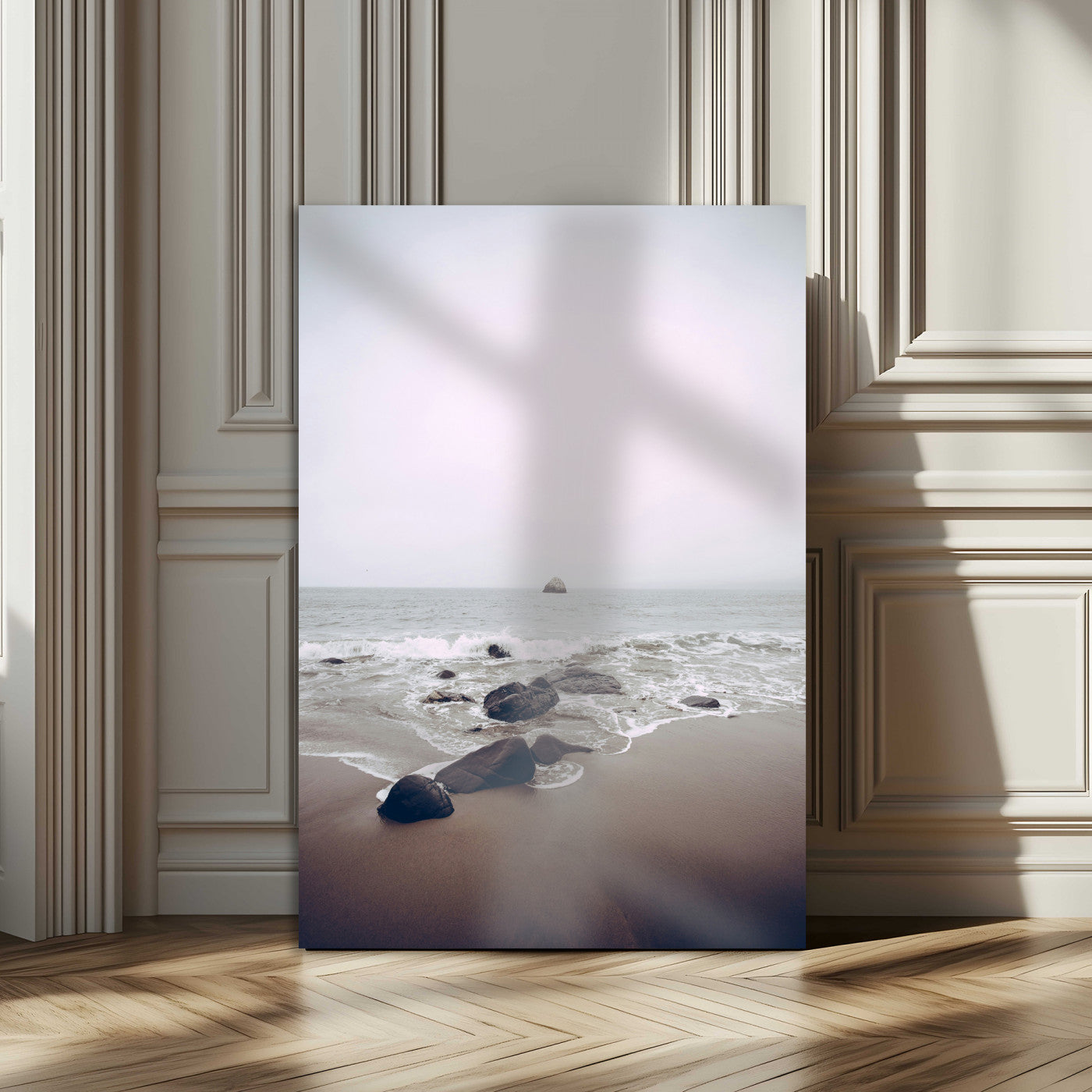 -Moody Seascape Wall Art Canvas Print – Framed Neutral Foggy Ocean Beach Nature Scene Artwork for Home Office