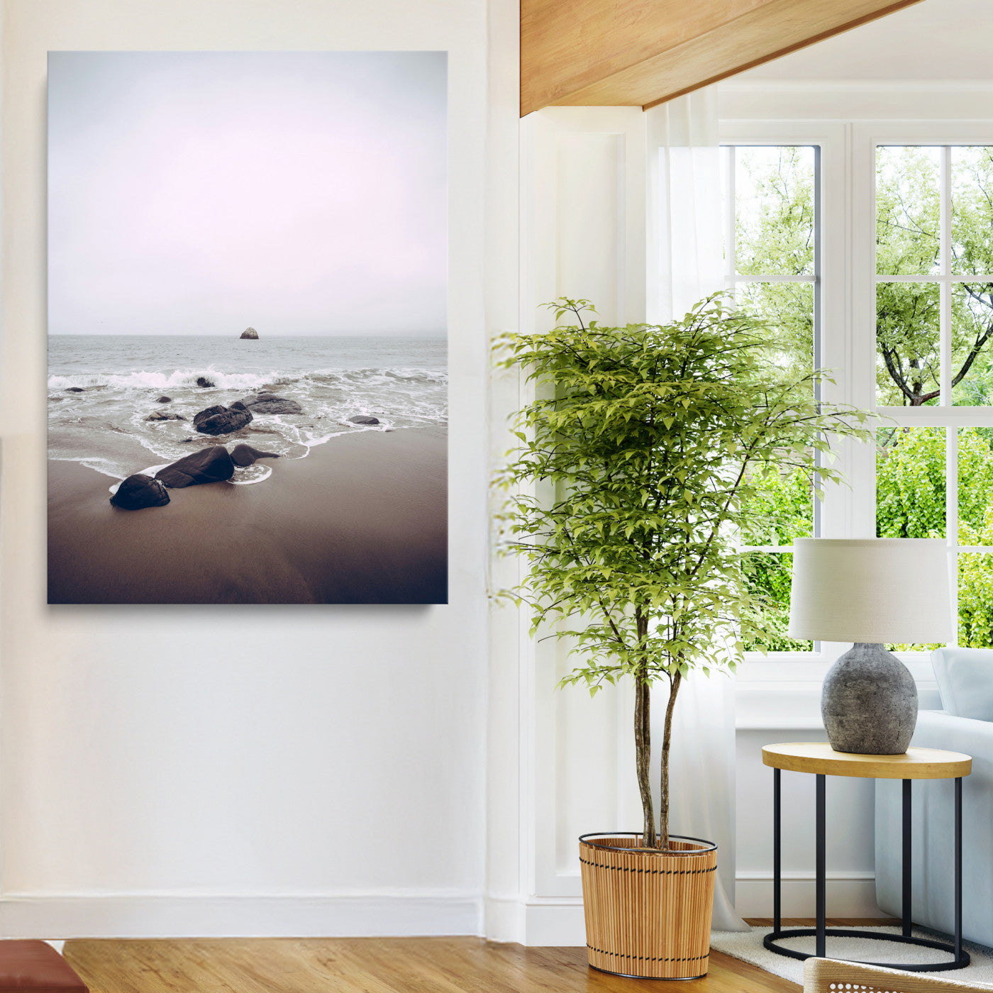 38272740-MGV-CV-24X36-Moody Seascape Wall Art Canvas Print – Foggy Ocean Waves Neutral Beach Scene Tranquil Coastal Nature Artwork for Home Office