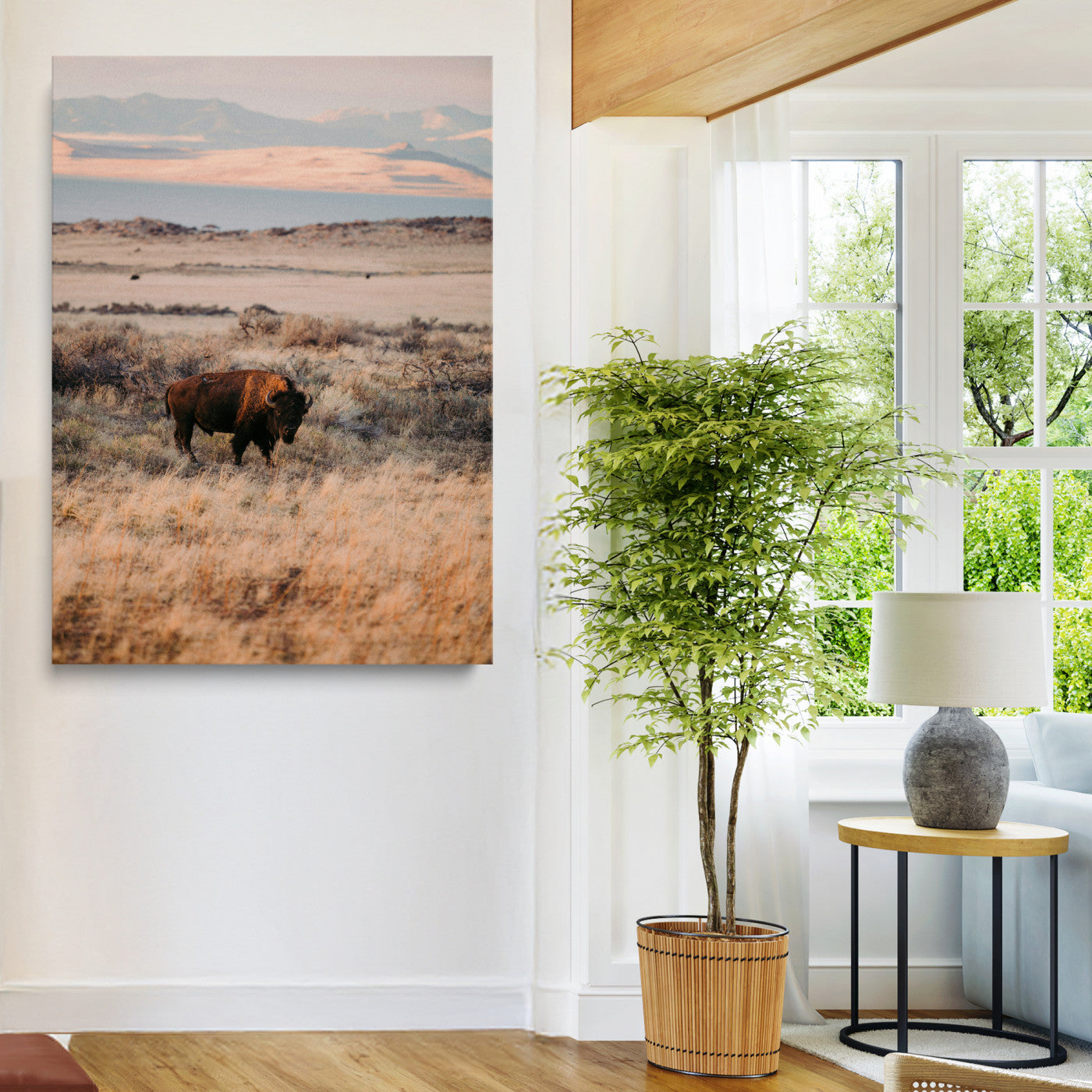 75146693-MGV-CV-24X36-Solitary Buffalo Wall Art Canvas Print – Framed Golden Prairie Scene Earthy Tones Rustic Nature Artwork for Home Office
