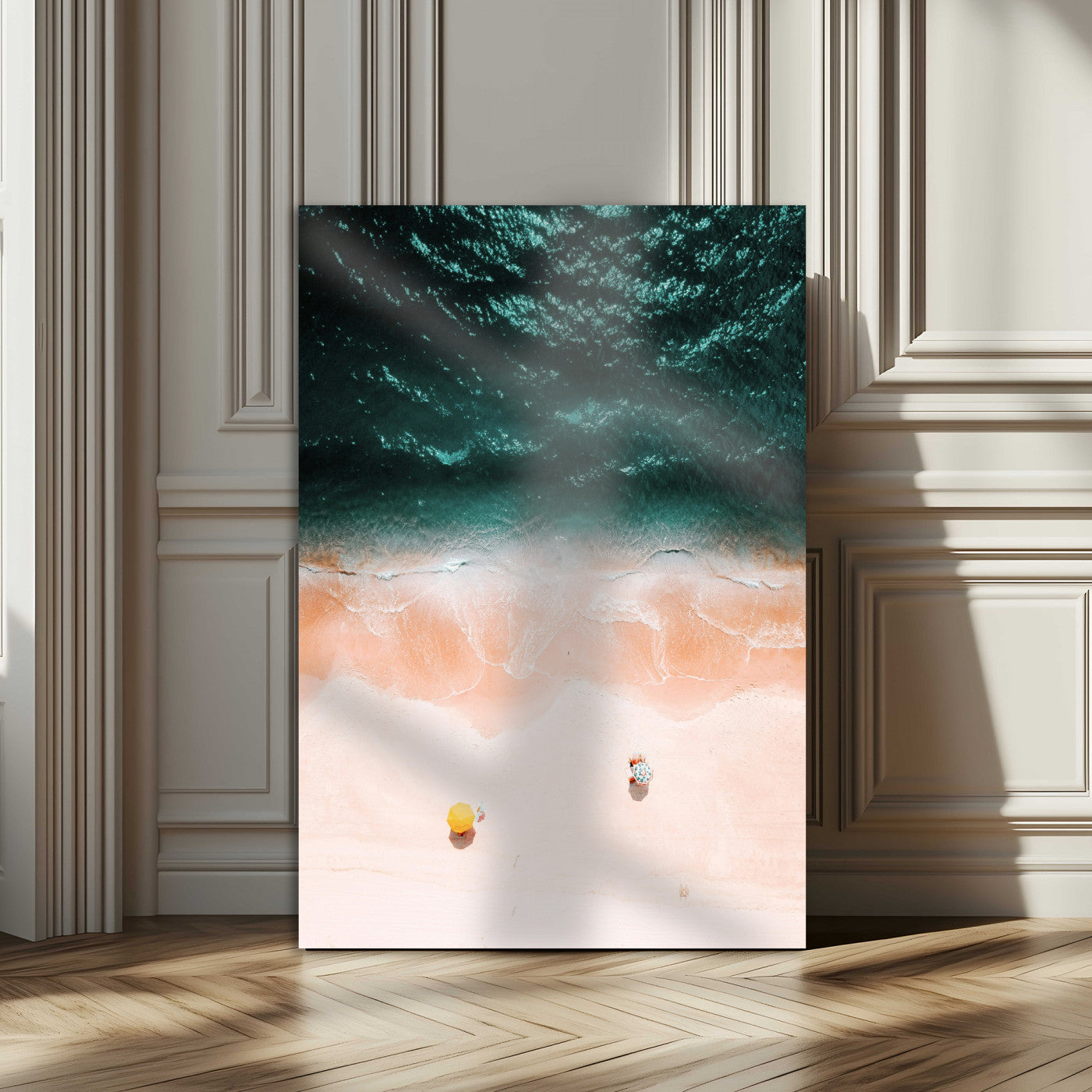 44468317-MGV-CV-24X36-Aerial Serenity Wall Art Canvas Print – Gentle Waves Peach Shore Yellow Umbrella Peaceful Beach Coastal Decor Artwork for Home