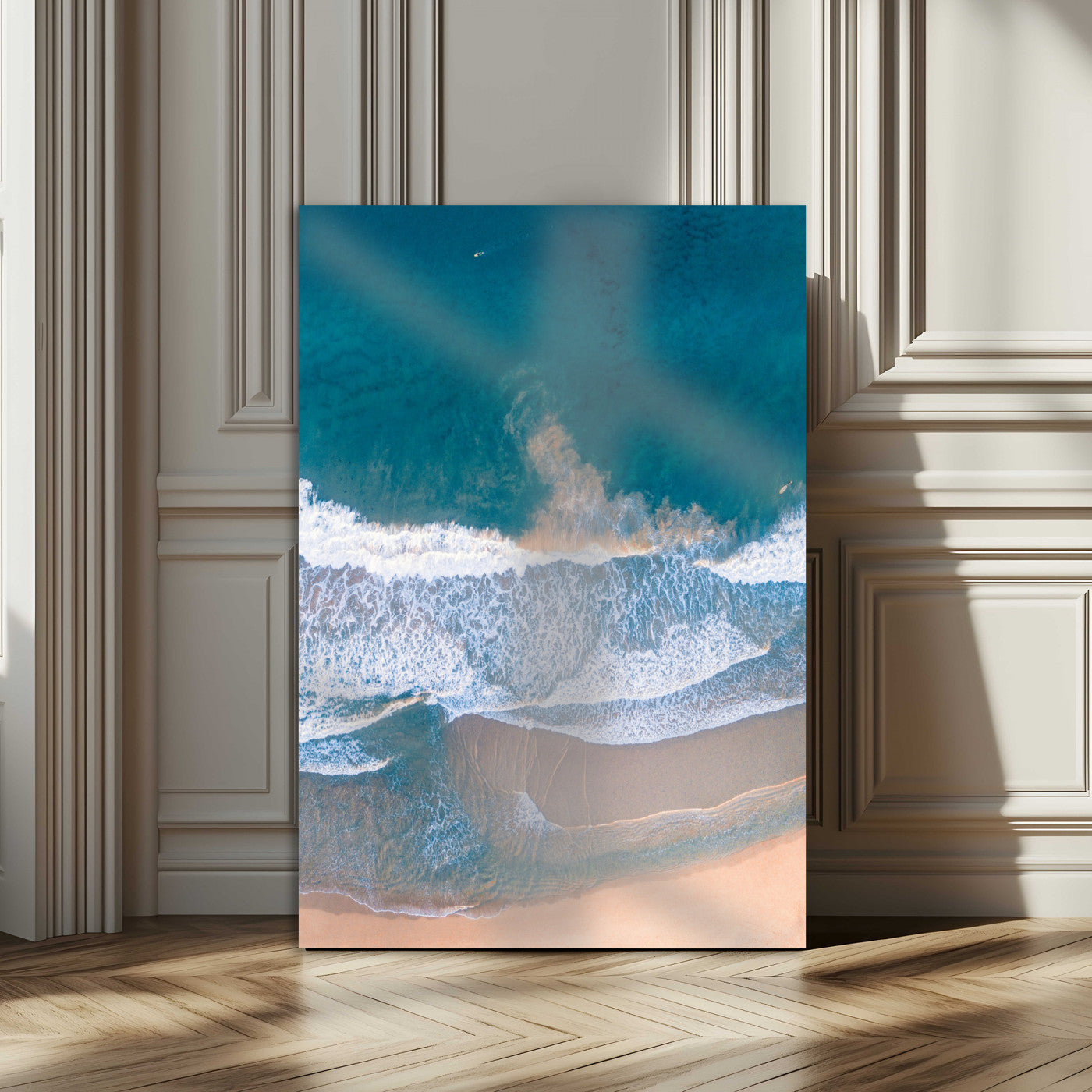 97740681-MGV-CV-24X36-Aerial Beach View Wall Art Canvas Print – Framed Ocean Waves Coastal Serenity Minimalist Seascape Artwork for Home, Office