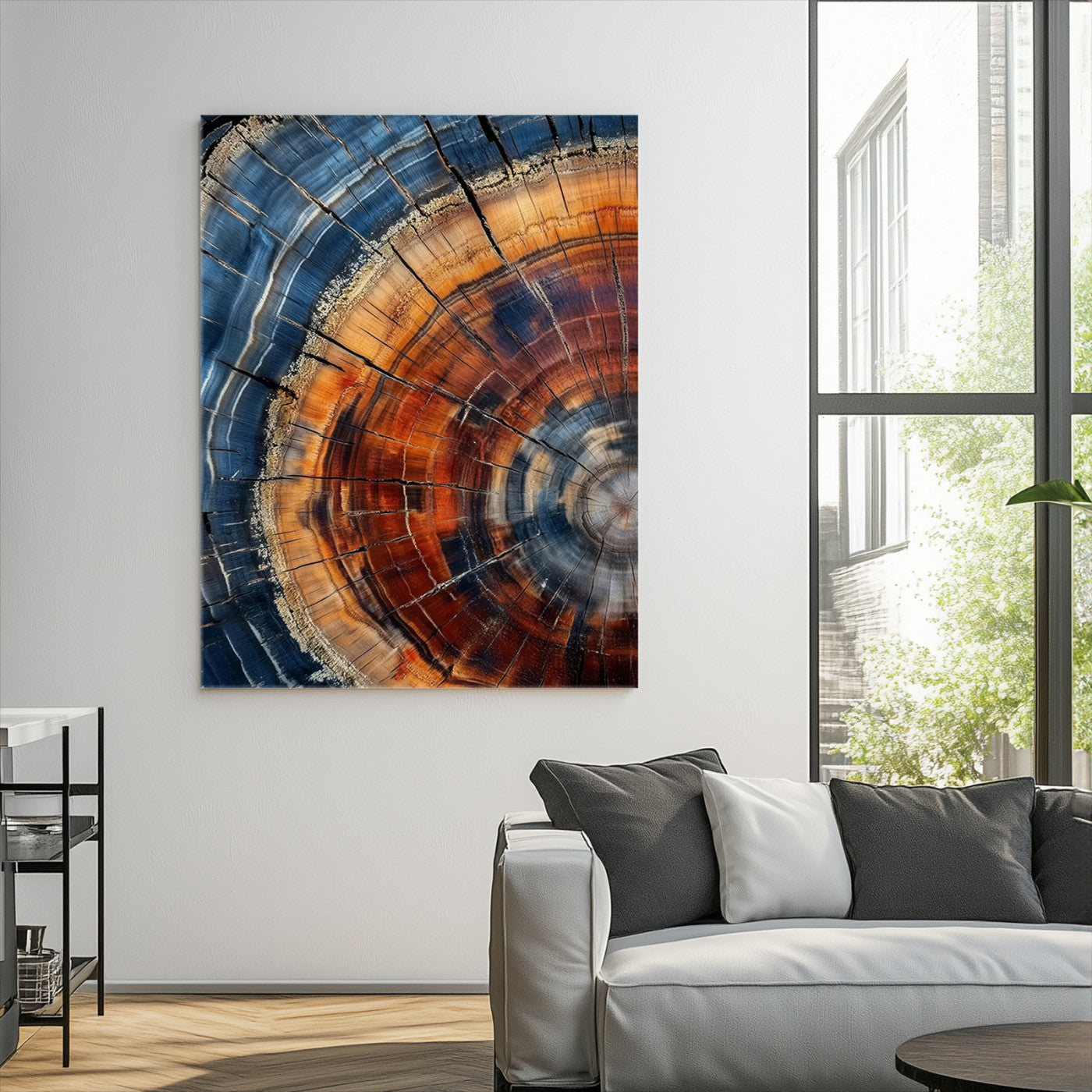 38379387-MGV-CV-36X24-Tree Rings Wall Art Canvas Print – Blue Wood Grain Rustic Texture Natural Earthy Nature Artwork for Home Office