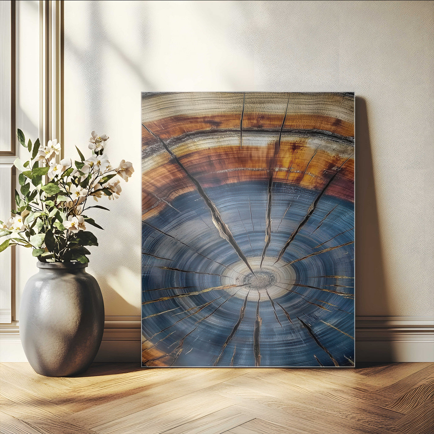 58959380-MGV-CV-24X36-Tree Rings Wall Art Canvas Print – Blue Wood Grain Rustic Pattern Natural Texture Artwork for Modern Home Office