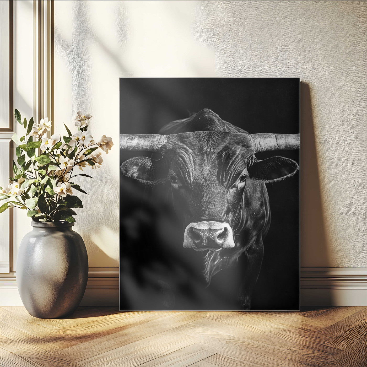 -Texas Longhorn Wall Art Canvas Print, Framed Monochrome Bull Art Picture Print, Horned Bull Perfect Minimalist Western Decor Artwork
