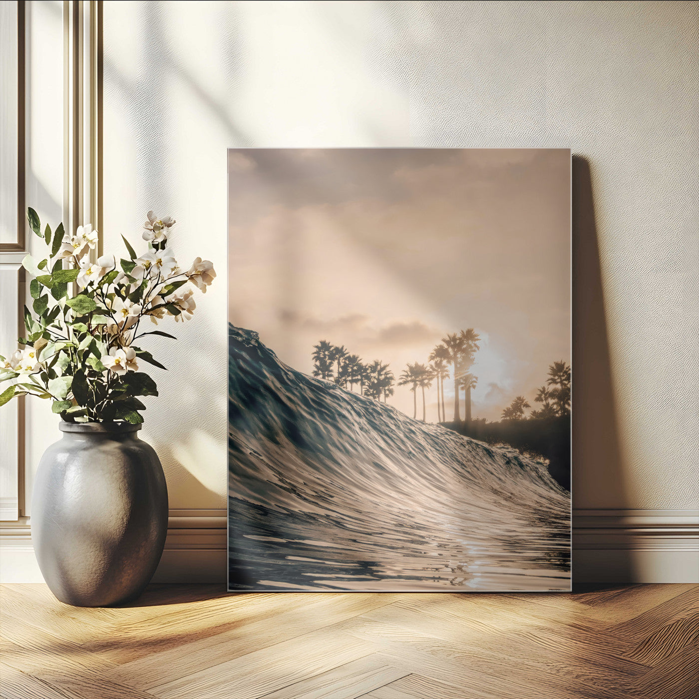50270635-MGV-CV-24X36-Golden Hour Ocean Wave Wall Art Canvas Print – Framed Tropical Beach Sunset Palm Silhouette Coastal Artwork for Home Office