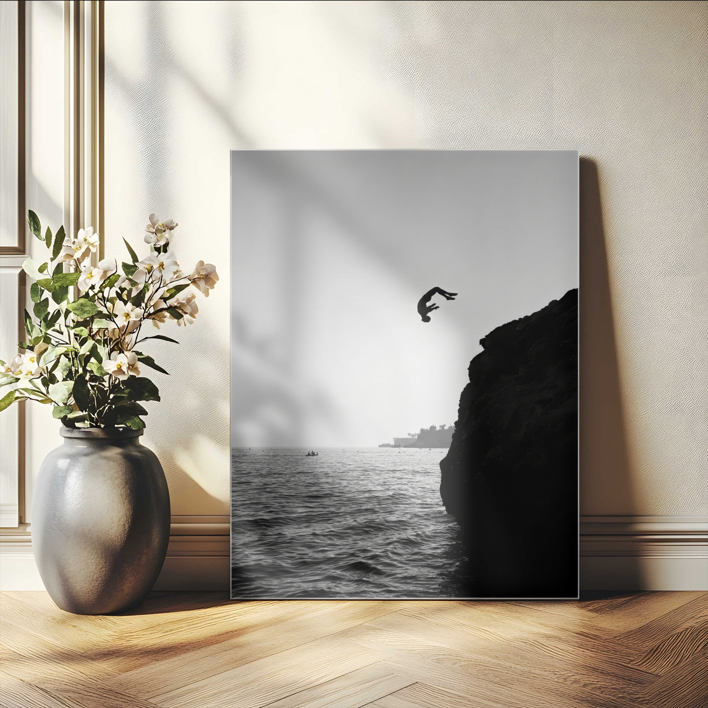 99497106-MGV-CV-24X36-Cliff Jumping Silhouette Wall Art Canvas Print – Framed Black White Ocean Monochrome Adventure Artwork for Home Office