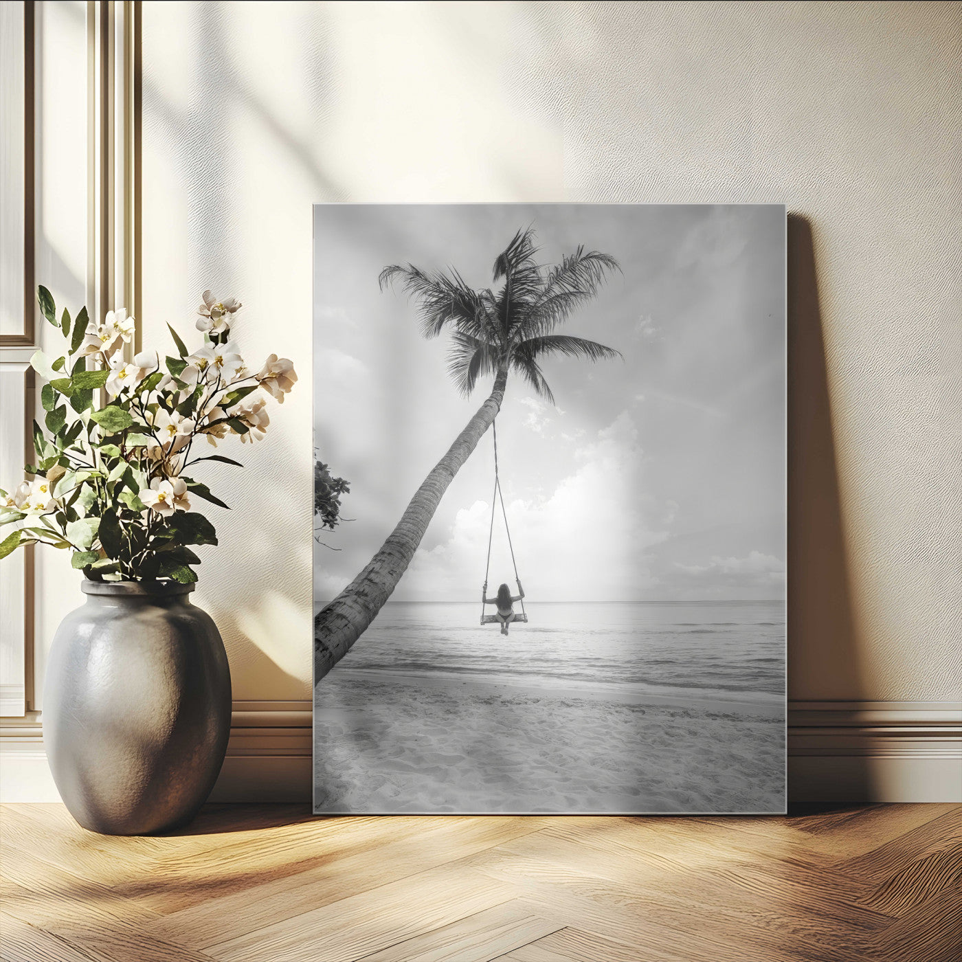 78460277-MGV-CV-24X36-Black White Palm Tree Wall Art Canvas Print – Framed Minimalist Beach Swing Monochrome Coastal Artwork for Home Office