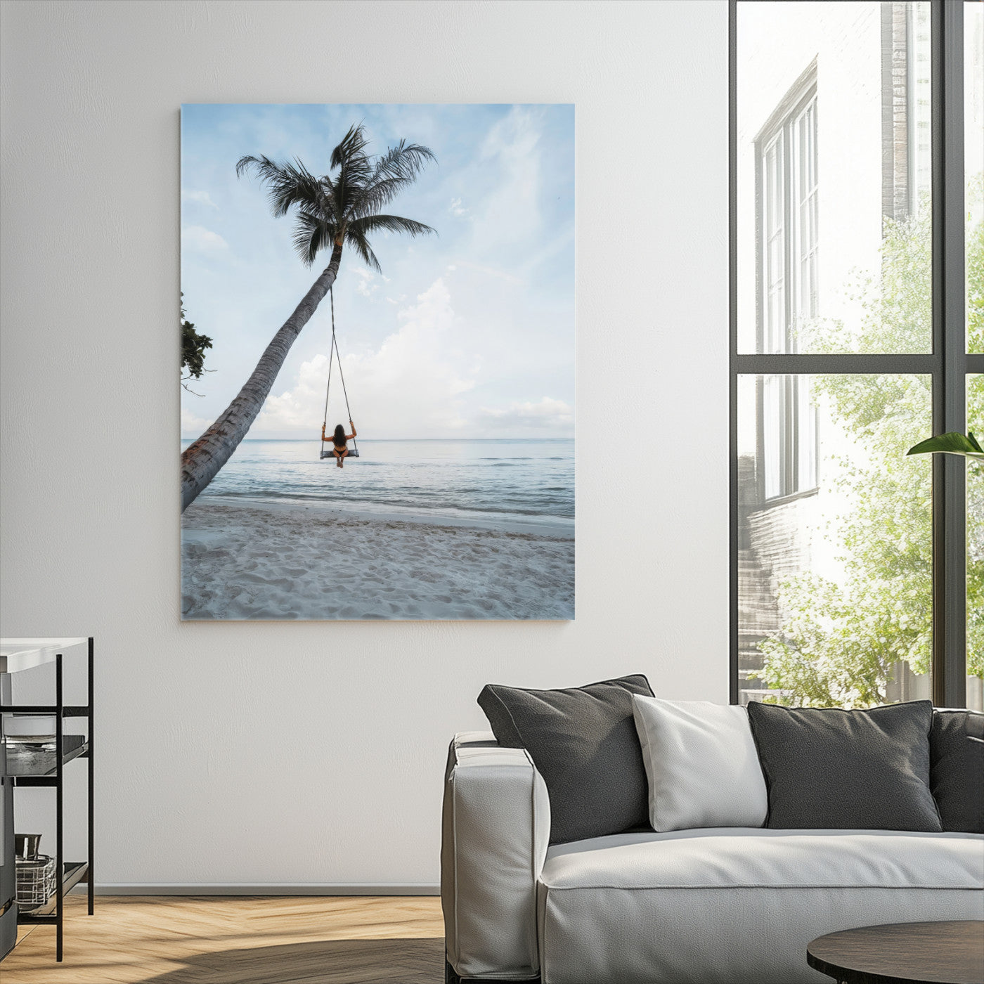 86062249-MGV-CV-36X24-Tropical Swing Wall Art Canvas Print – Palm Trees Ocean View Relaxing Beach Minimalist Coastal Decor Artwork