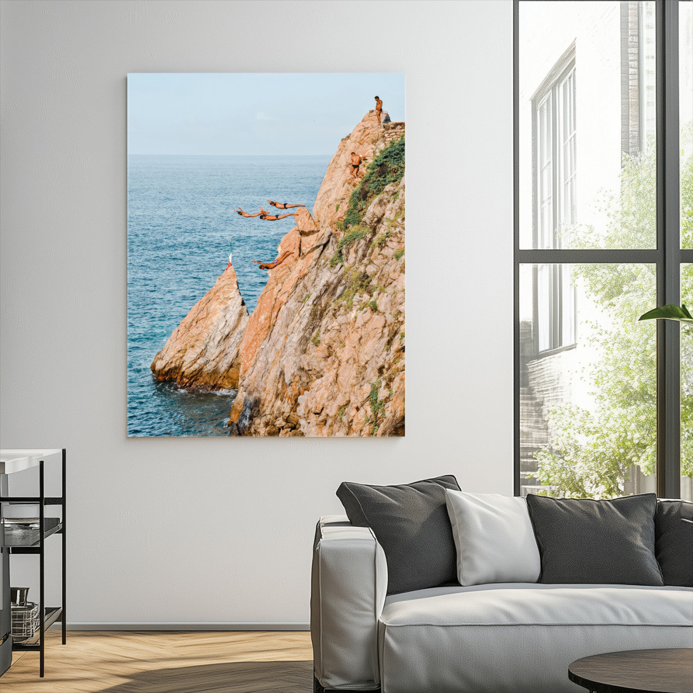 -Cliff Divers Wall Art Canvas Print, Framed Oceanfront Art Picture Print, Coastal Perfect Adventurous