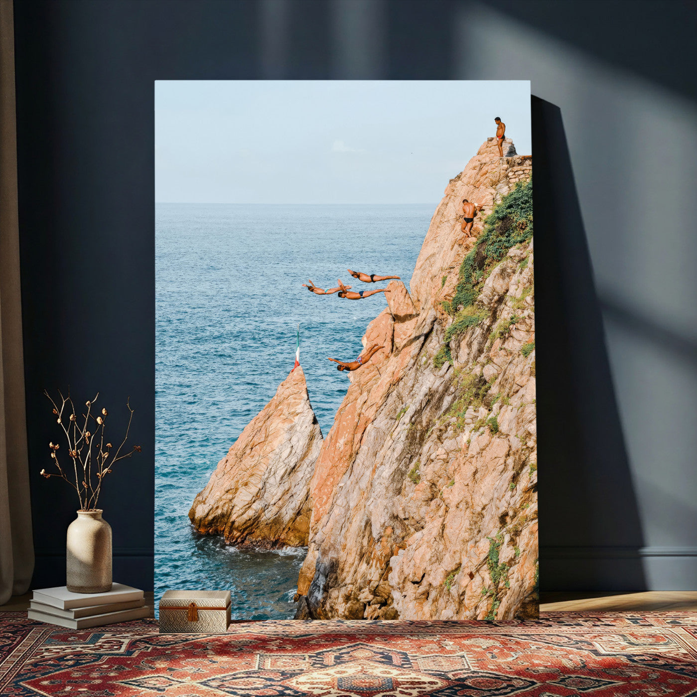 74527880-MGV-CV-24X36 - Cliff Dive Wall Art – Ocean Jump Canvas Print, Blue Sky Adventure, Waves & Rocks for Living Room or Extreme Sports Decor