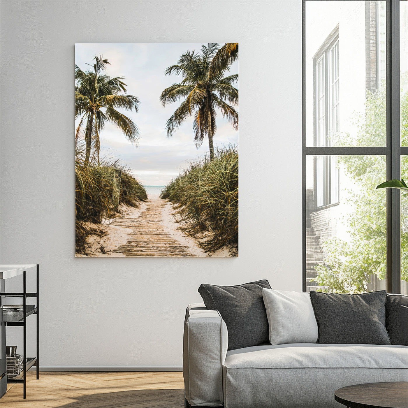 47319550-MGV-CV-36X24-Tropical Beach Wall Art Canvas Print – Framed Coastal Palm Tree Scene with Rustic Sand Ocean Artwork for Home, Office