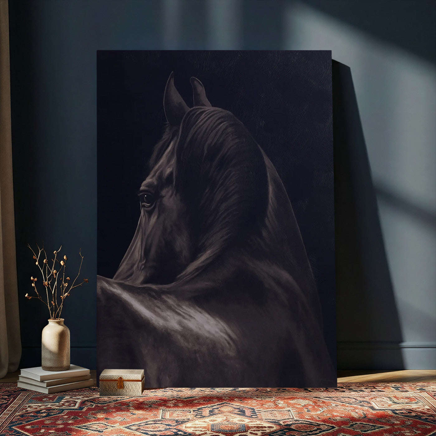 77538596-MGV-CV-24X36 - Dark Horse Wall Art – Majestic Silhouette Canvas Print, Sleek Mane, Graceful Strength, Elegant Equine Form, Timeless Beauty Decor for Home or Office