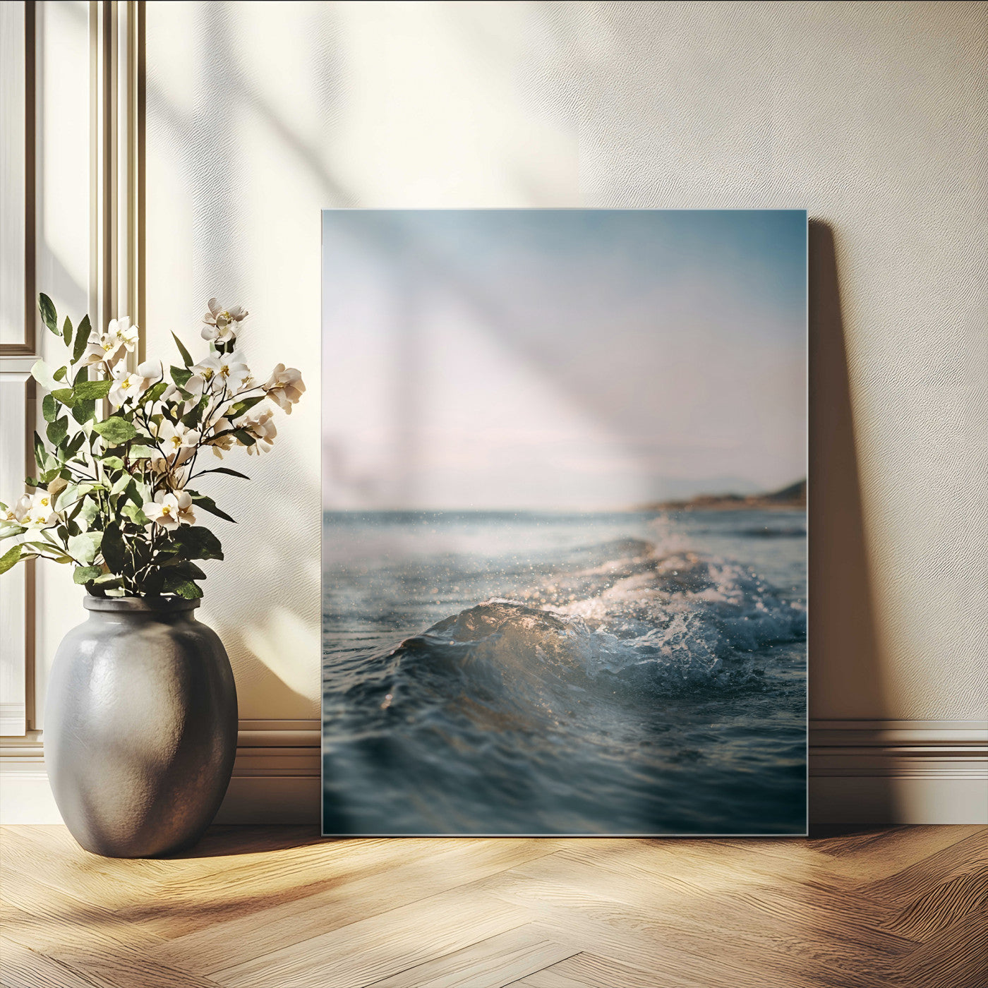 -Ocean Waves Wall Art Canvas Print – Framed Coastal Serenity Golden Hour Modern Nature Scene Artwork for Home Office