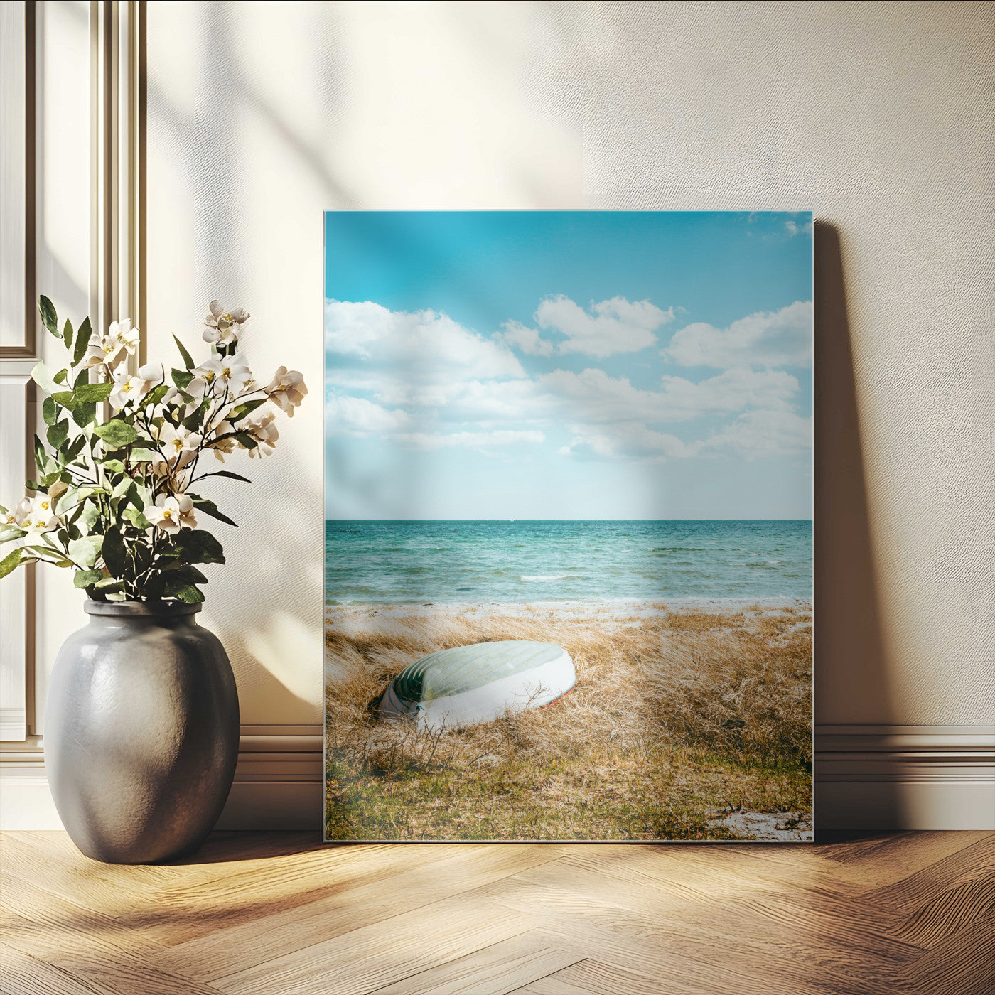 -Coastal Serenity Wall Art Canvas Print – Framed Ocean View Rustic Boat Nautical Scene Artwork for Home Office