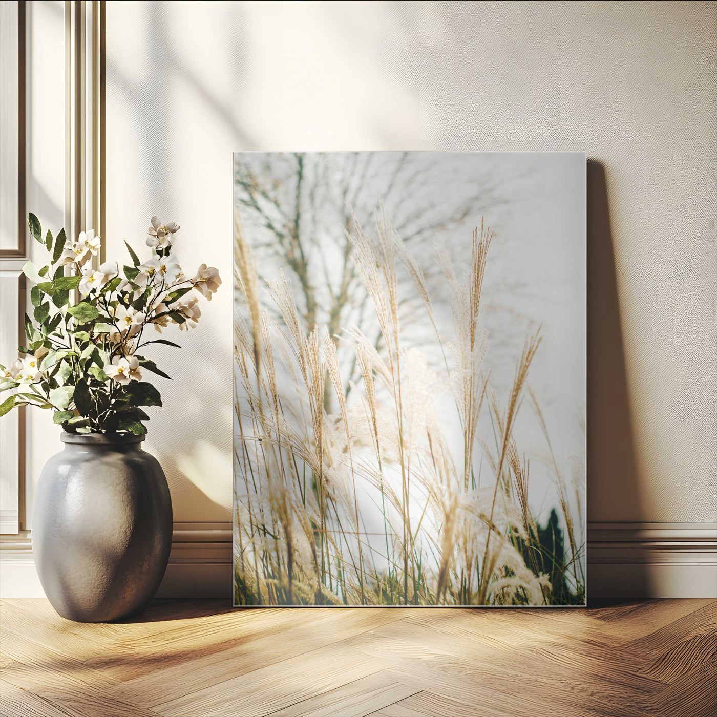 -Pampas Grass Wall Art Canvas Print – Framed Neutral Tones Minimalist Nature Scene Artwork for Home Office