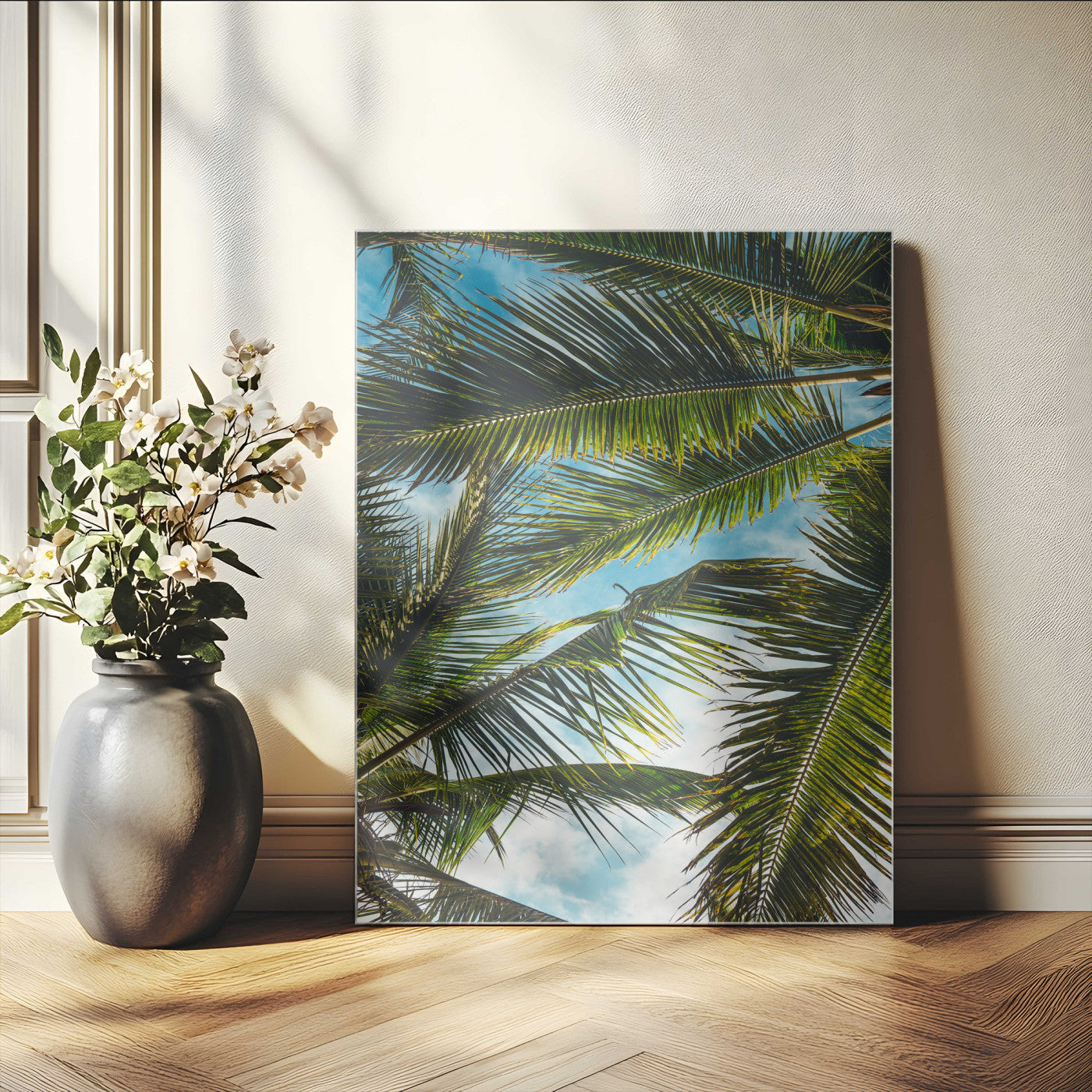 -Palm Leaves Wall Art Canvas Print – Framed Tropical Vibes Green Foliage Nature Scene Artwork for Home Office
