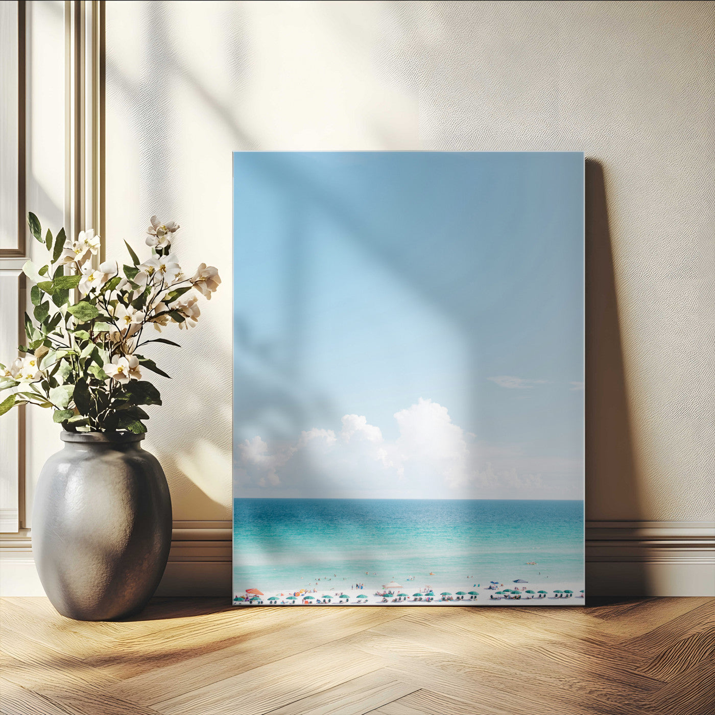 62954953-MGV-CV-24X36-Turquoise Ocean Wall Art Canvas Print – Framed Coastal Serenity White Sand Beach Artwork for Home Office