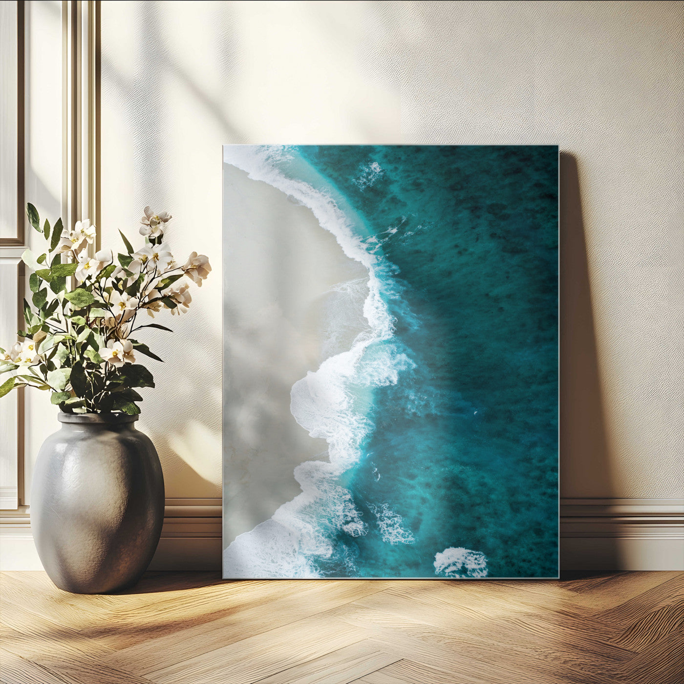 -Aerial Ocean View Wall Art Canvas Print – Framed Coastal Serenity Turquoise Waves Artwork for Home Office
