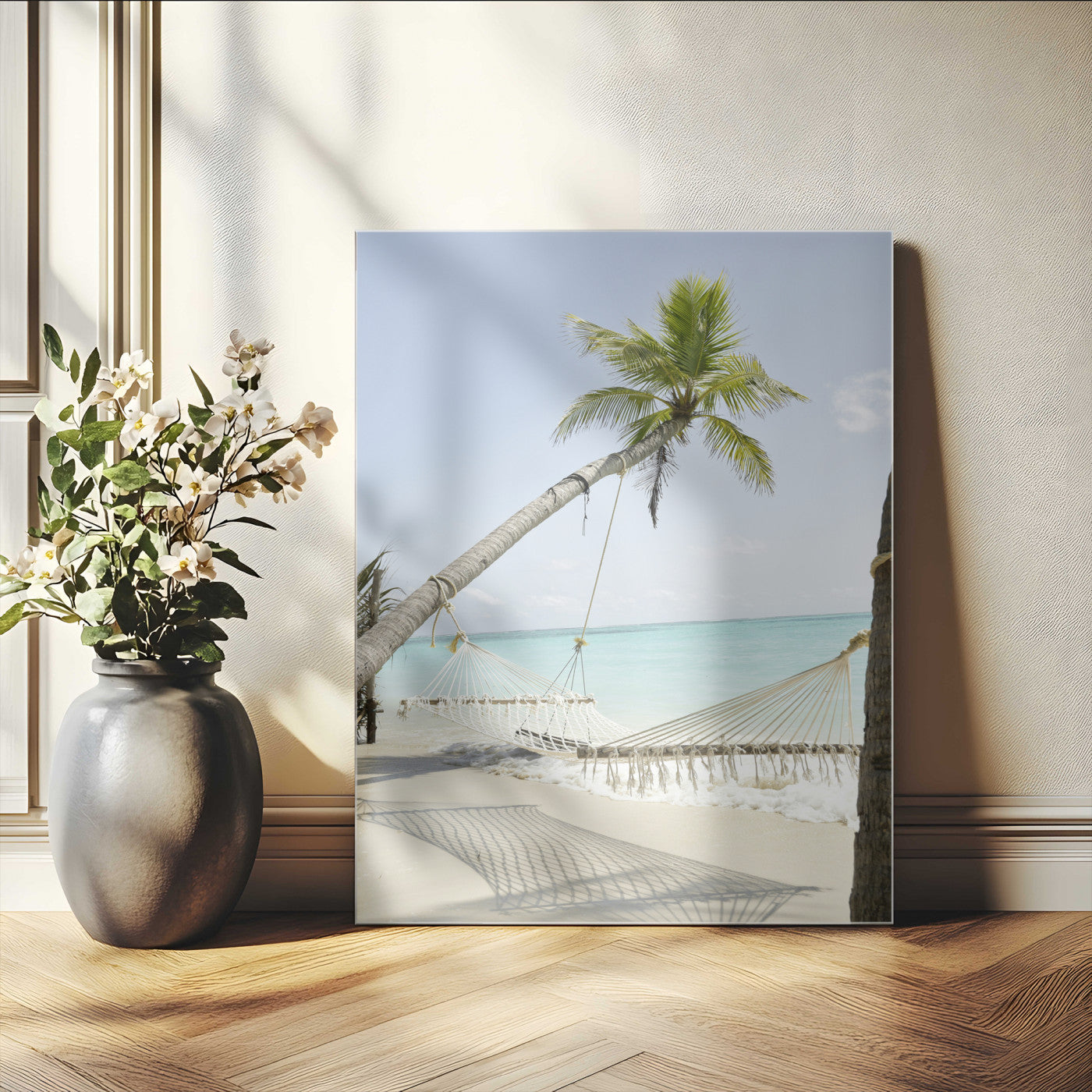39927211-MGV-CV-24X36-Beach Hammock Wall Art Canvas Print – Framed Tropical Paradise Coastal Serenity Artwork for Home Office