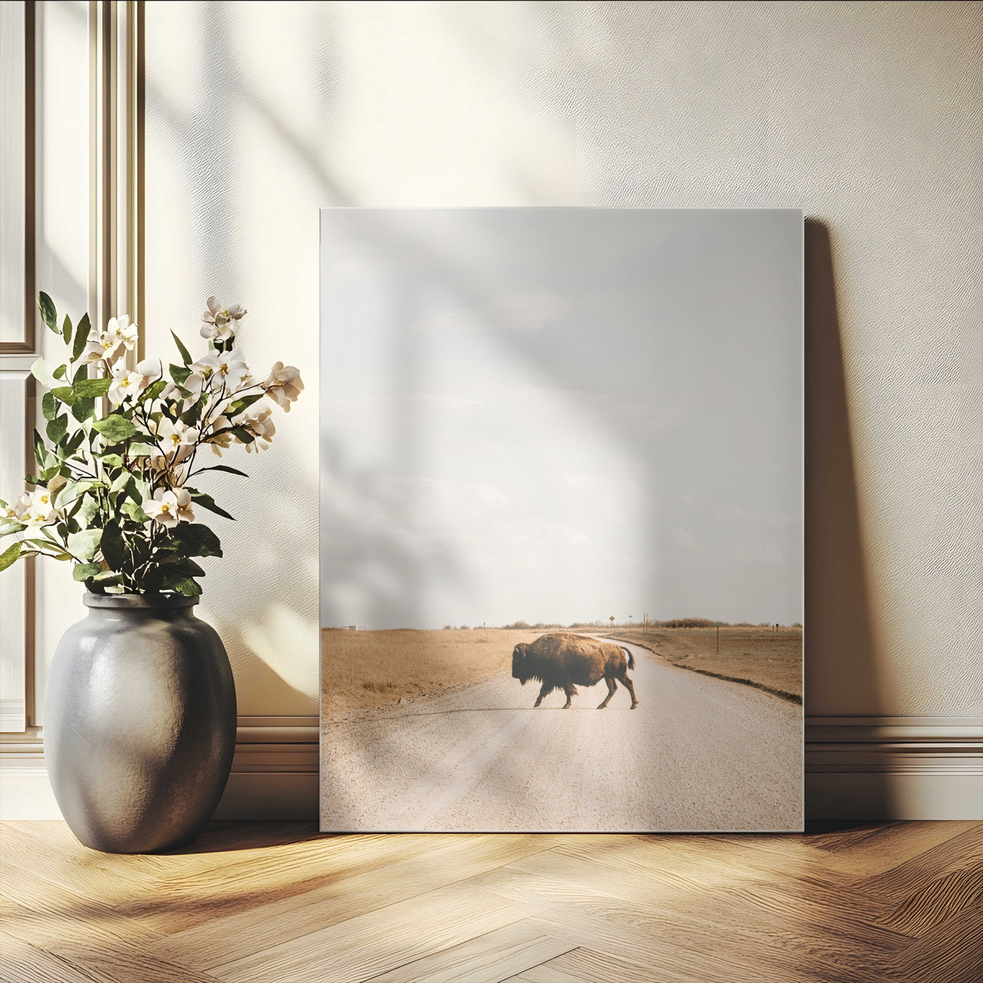 -Bison Crossing Wall Art Canvas Print – Framed Western Prairie Road Landscape Nature Scene Artwork for Home Office