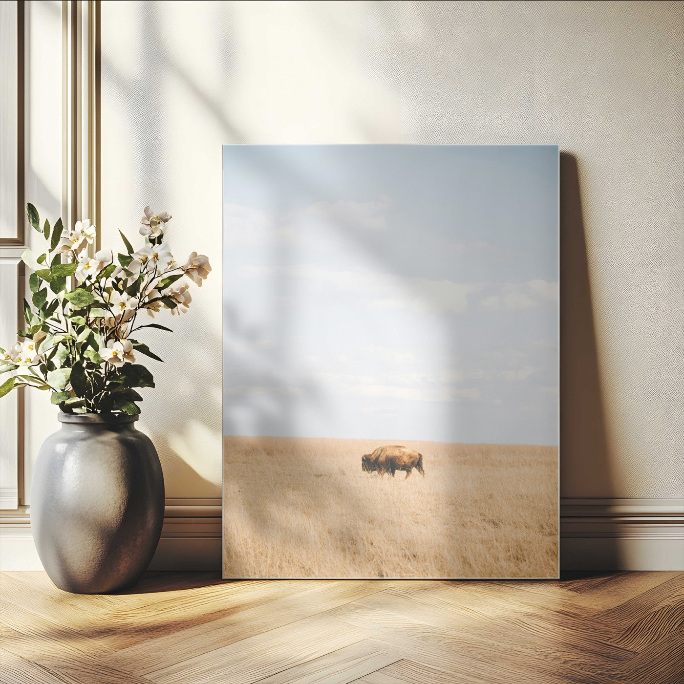 96766166-MGV-CV-24X36-Minimalist Nature Wall Art Canvas Print – Framed Bison Grassland Open Field Nature Scene Artwork for Home Office