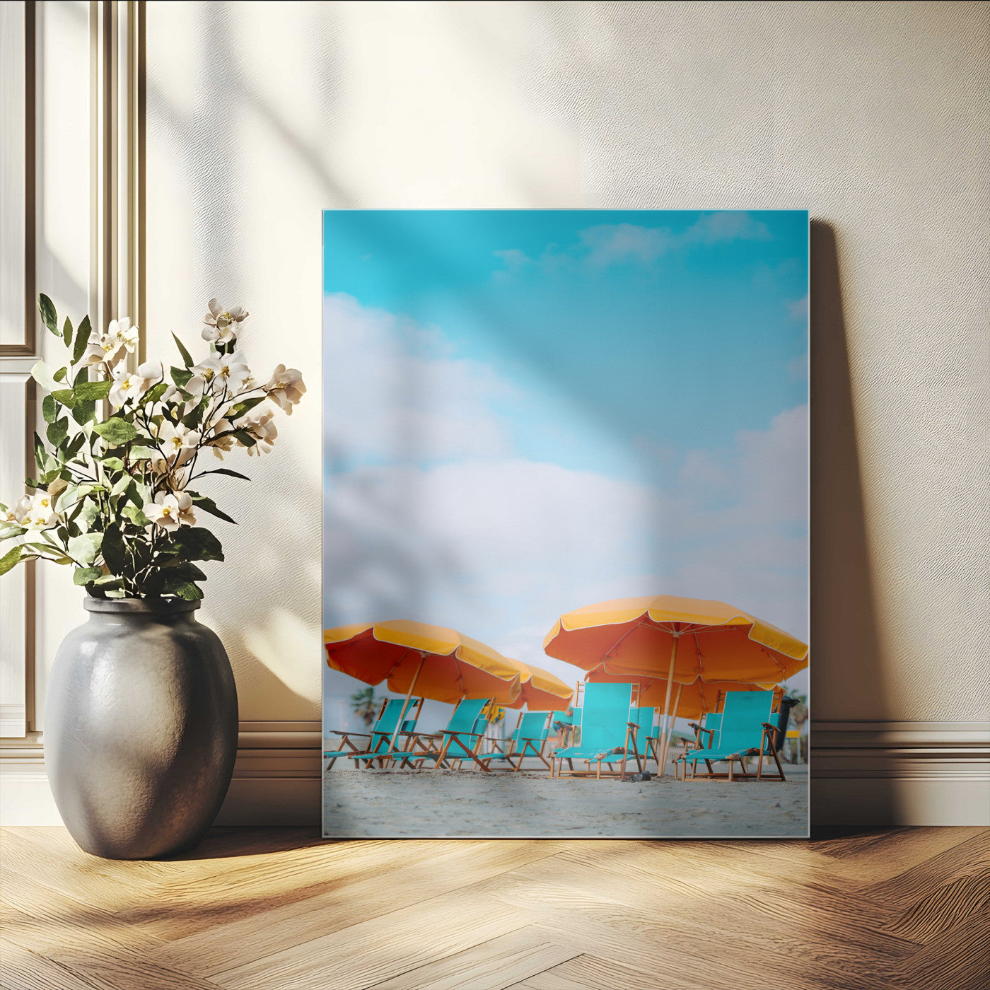 20422711-MGV-CV-24X36-Beach Umbrellas Wall Art Canvas Print – Framed Tropical Coastal Paradise Nature Scene Artwork for Home Office