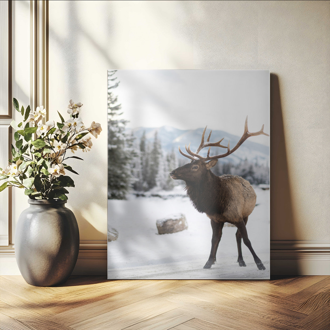 -Elk Photography Wall Art Canvas Print – Framed Winter Wildlife Snowy Mountains Nature Scene Artwork for Home Office