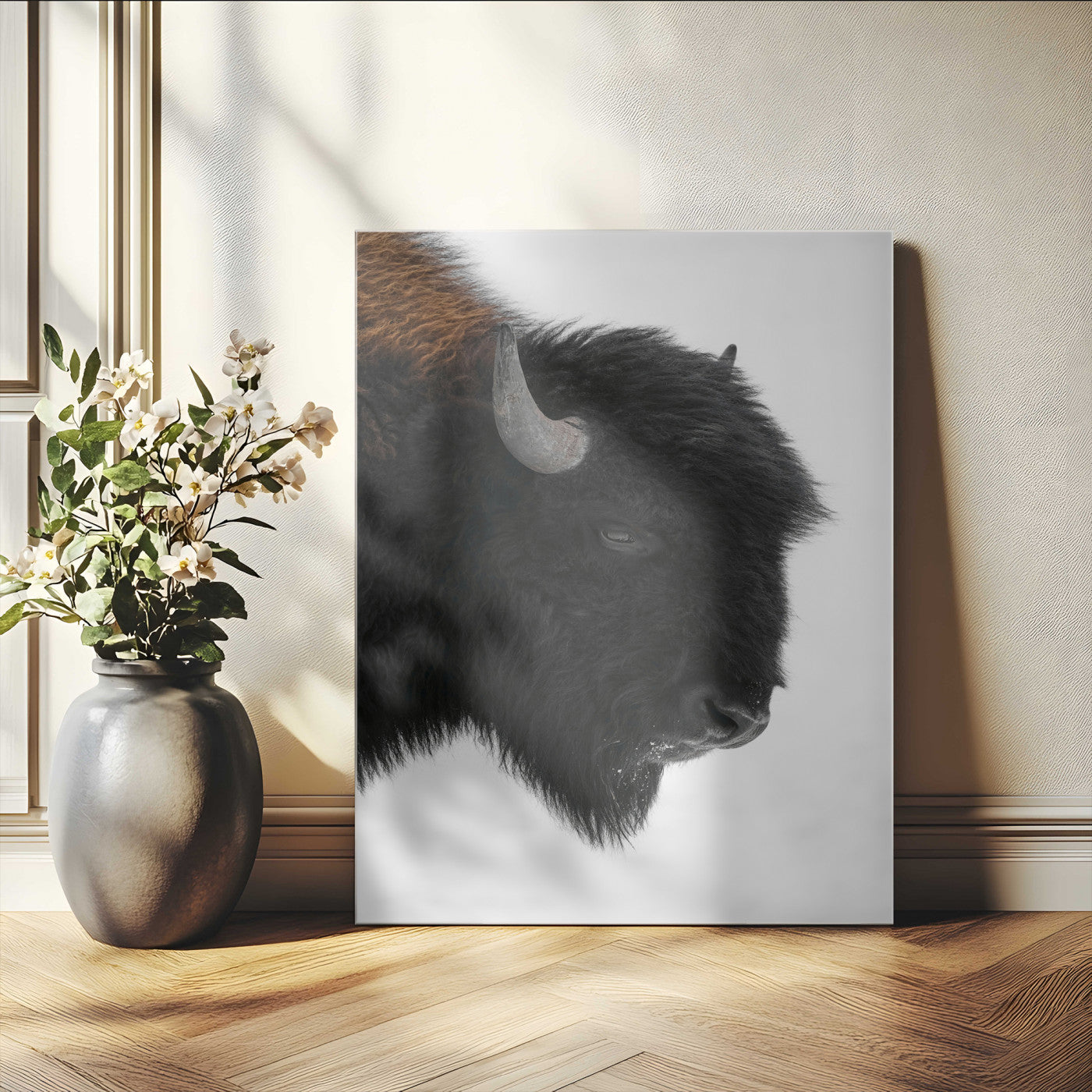73956942-MGV-CV-24X36-Western Rustic Wall Art Canvas Print – Framed Buffalo Black and White Wildlife Photography Artwork for Home Office