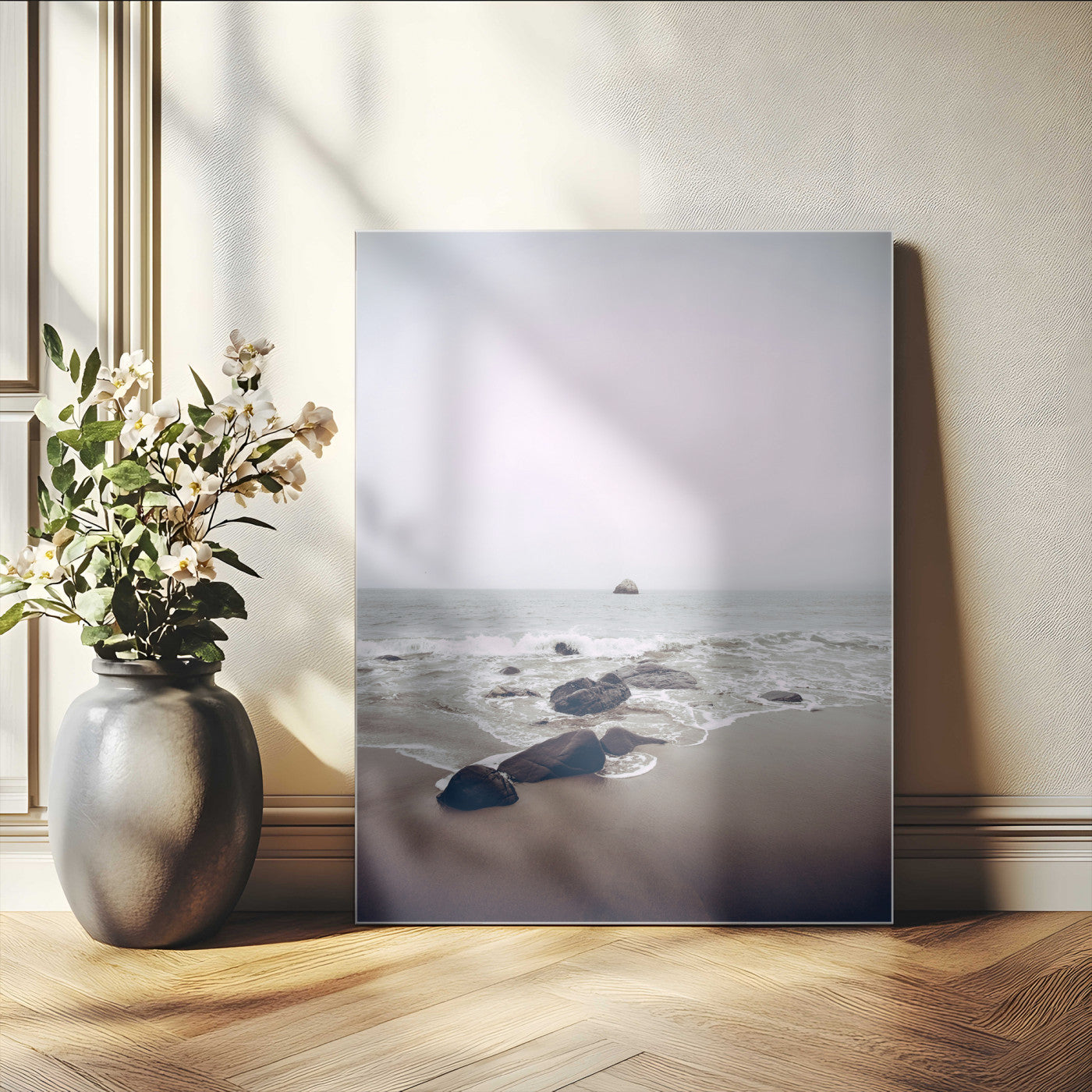 -Moody Seascape Wall Art Canvas Print – Framed Neutral Foggy Ocean Beach Nature Scene Artwork for Home Office