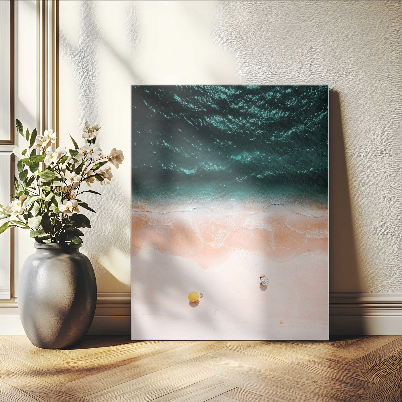 44468317-MGV-CV-24X36-Aerial Serenity Wall Art Canvas Print – Gentle Waves Peach Shore Yellow Umbrella Peaceful Beach Coastal Decor Artwork for Home