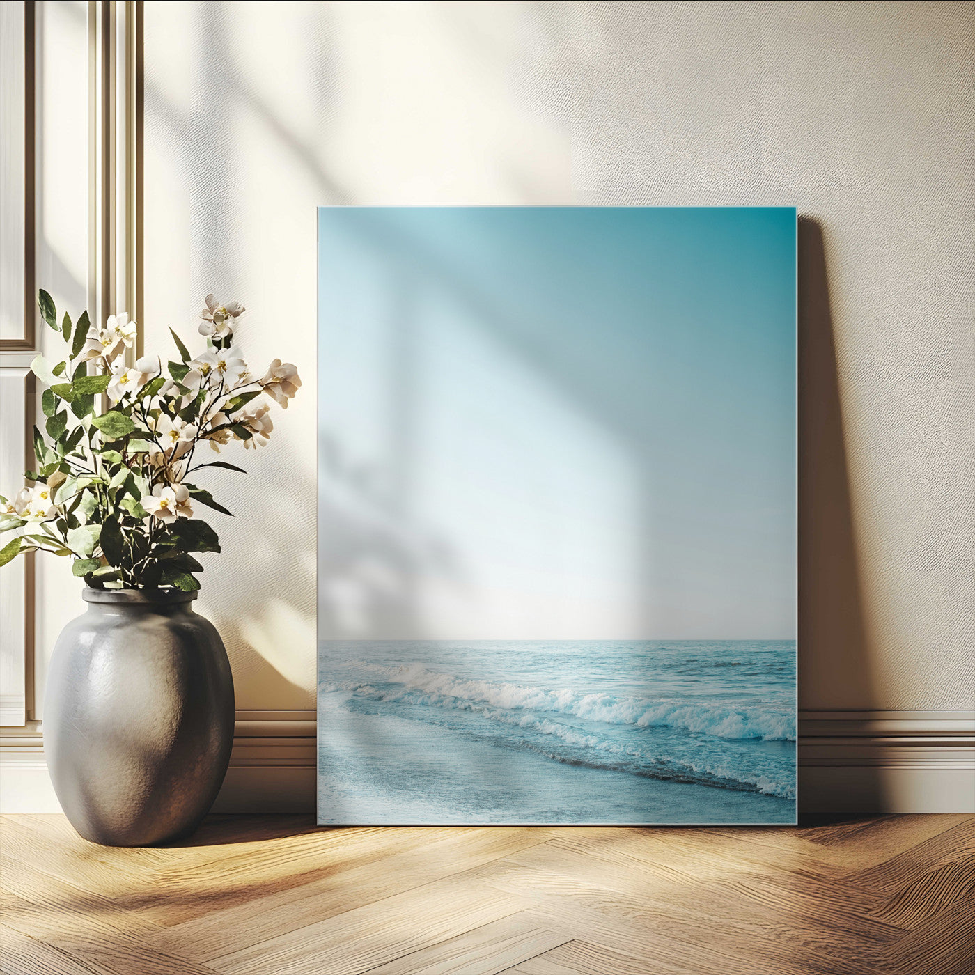 -Minimalist Ocean Wall Art Canvas Print – Framed Calm Seascape Soft Blue Tones Nature Scene Artwork for Home Office