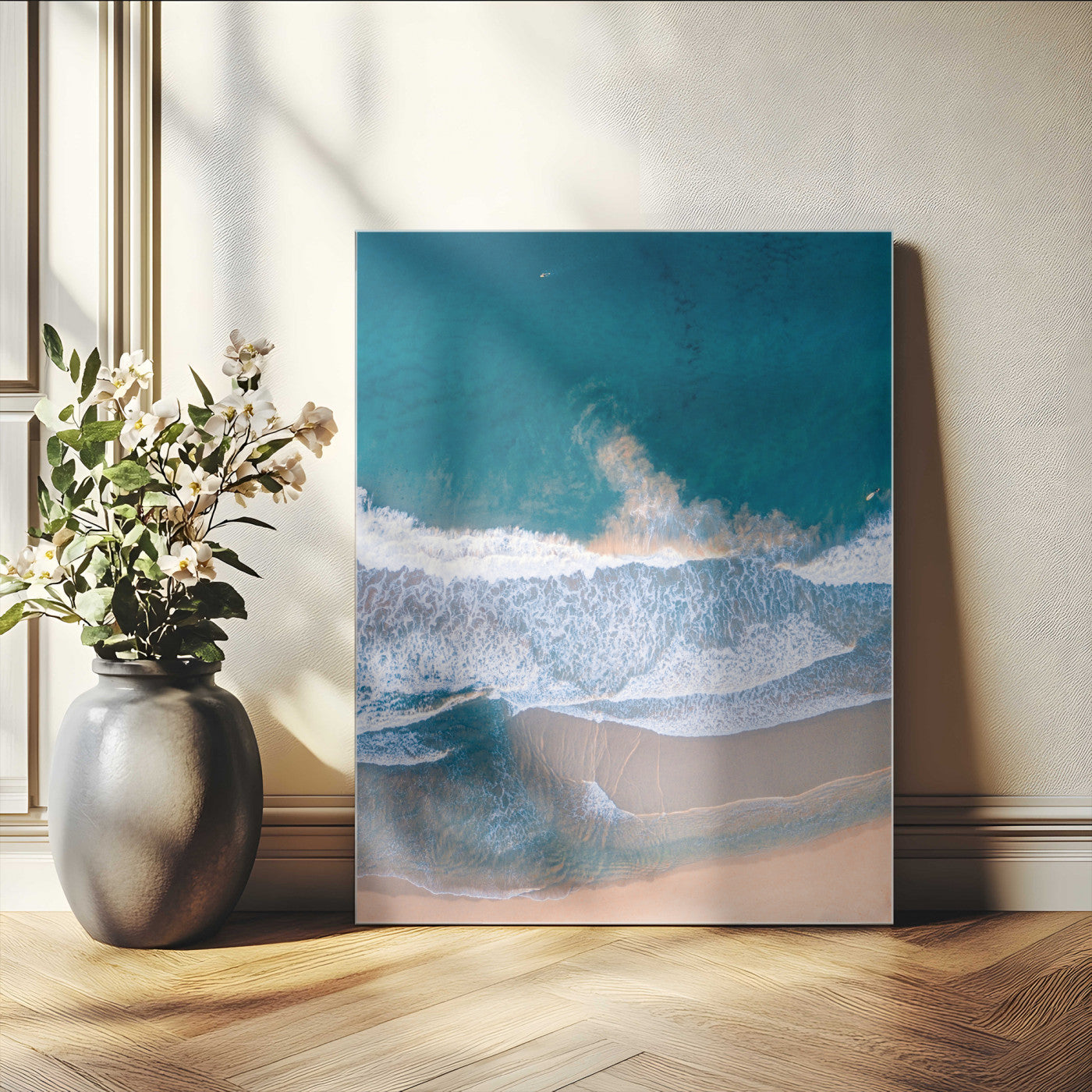 97740681-MGV-CV-24X36-Aerial Beach View Wall Art Canvas Print – Framed Ocean Waves Coastal Serenity Minimalist Seascape Artwork for Home, Office