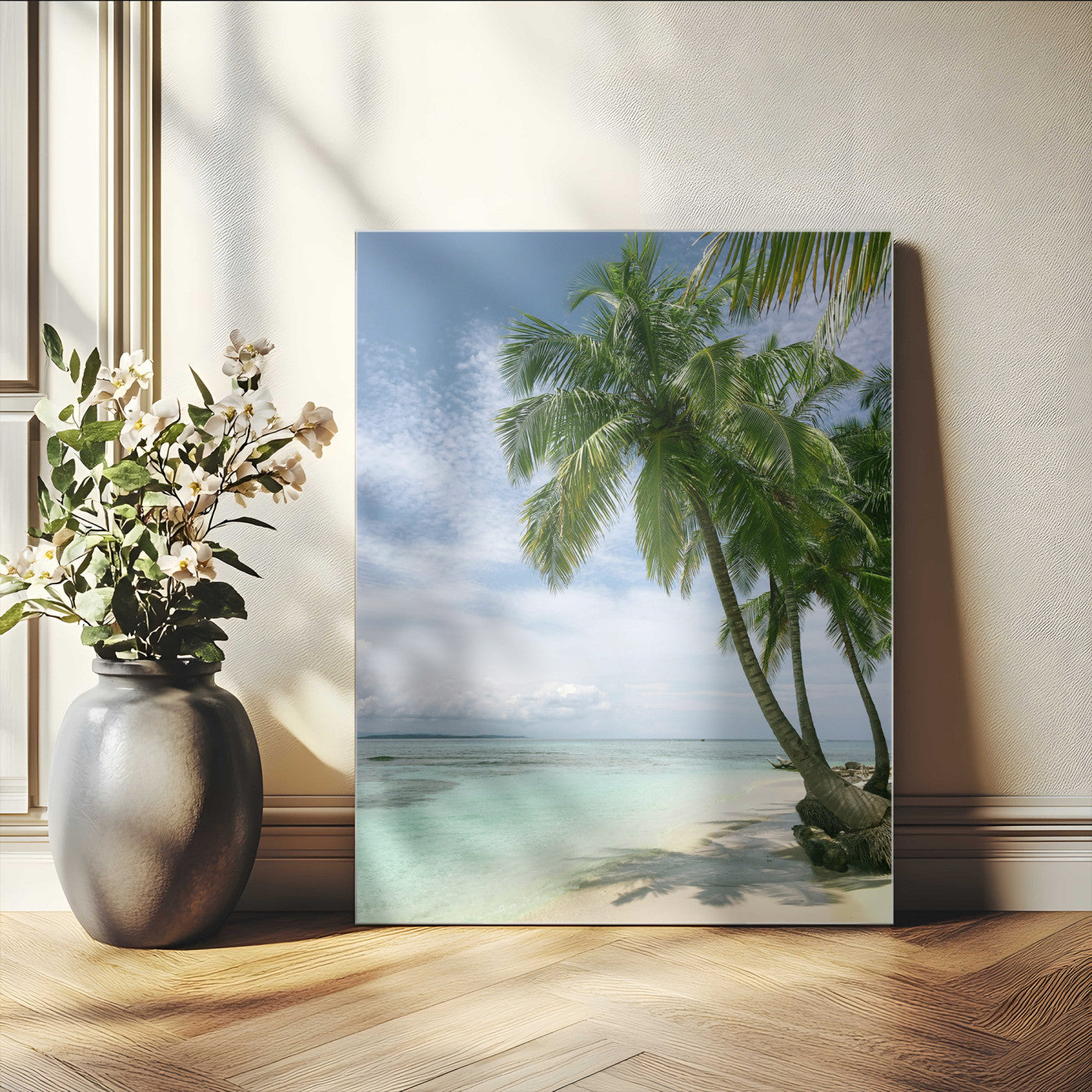 80489589-MGV-CV-24X36-Tropical Beach Palm Trees Canvas Print – Framed Island Coastal Wall Art Bright Ocean Horizon Photography for Home, Office