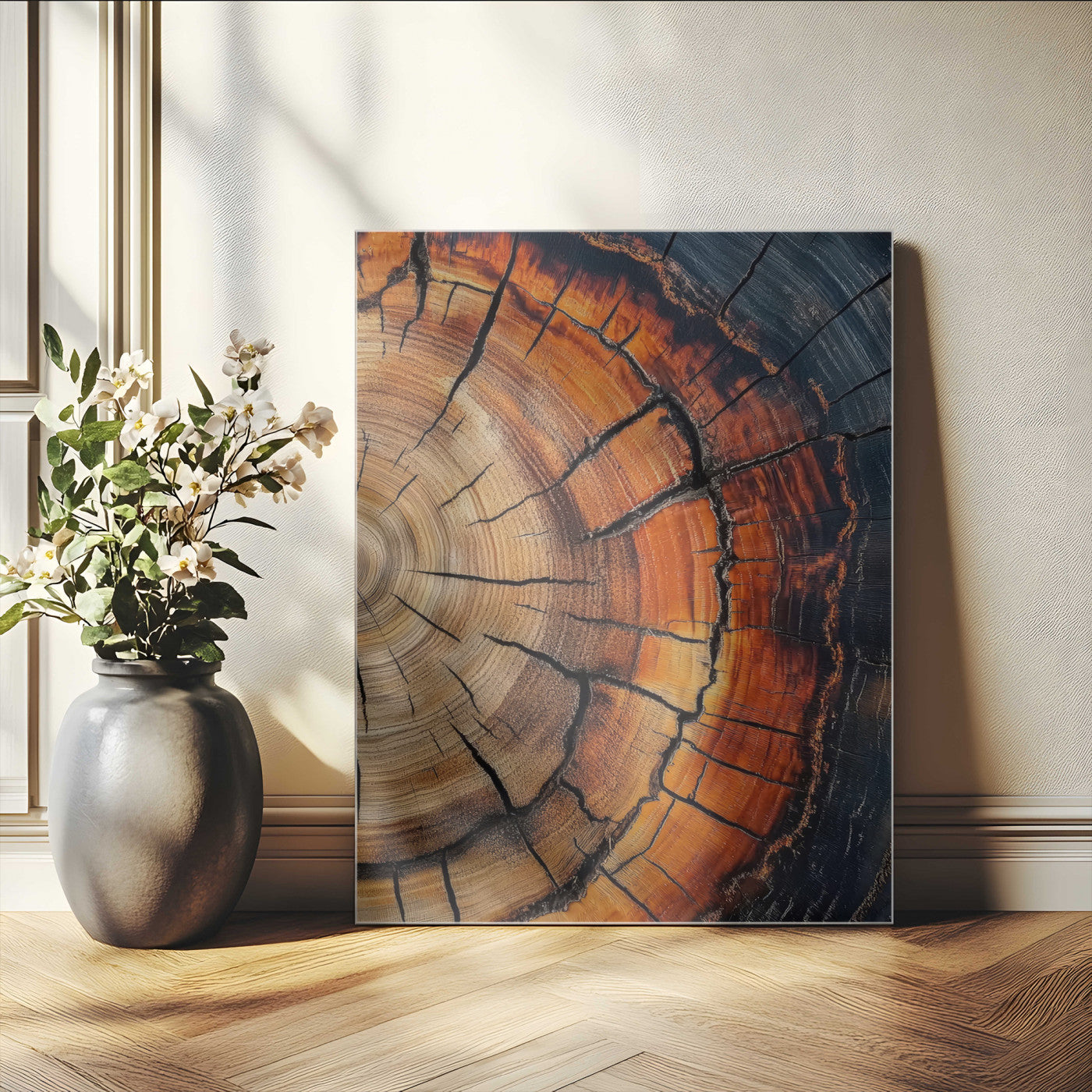 85081080-MGV-CV-24X36-Close Up Tree Rings Wall Art – Framed Abstract Wood Canvas Artwork, Warm Earth Tone Design, Rustic Nature Decor for Home, Office