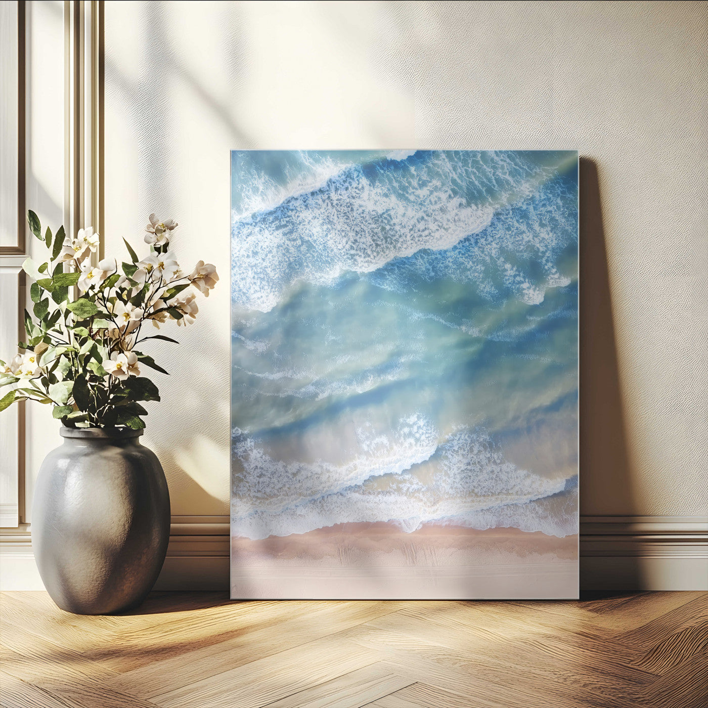 MGV-CV-24X36 - Aerial Ocean Waves Canvas Wall Art – Tranquil Beach Shoreline, Coastal Sea Photography, Serene