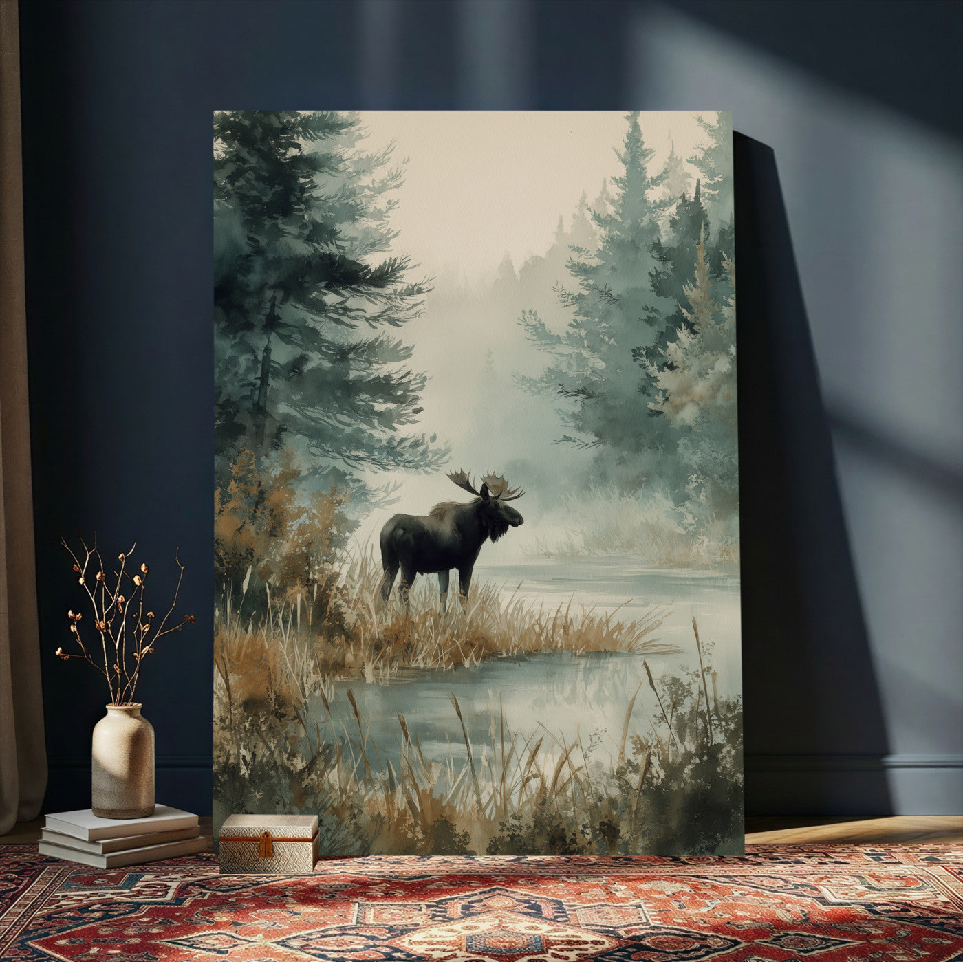 78345154-MGV-CV-24X36 - Watercolor Abstract Moose Forest Wall Art Canvas Print – Wildlife Nature Artwork Print for Living Room, Cabin, and Office Decor