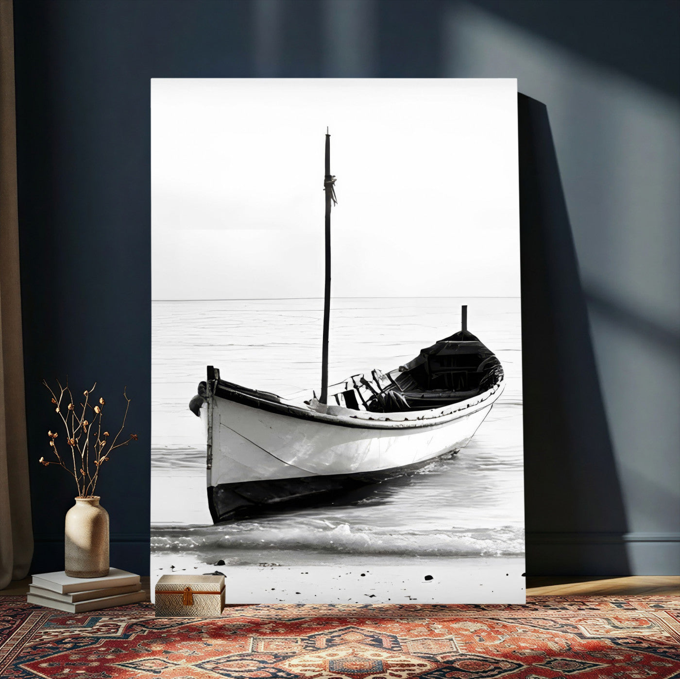 13080776-MGV-CV-24X36 - Minimal Boat Wall Art Canvas Print – Black and White Coastal Photography Artwork Print for Living Room, Bedroom, and Office Decor