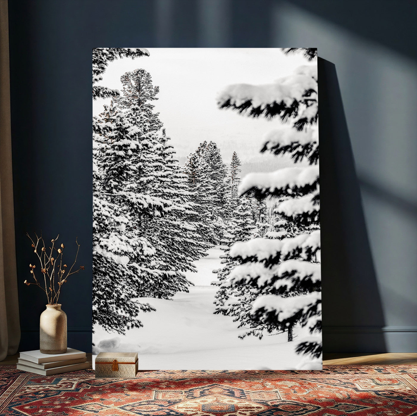 42534505-MGV-CV-24X36 - Snowy Pine Forest Wall Art Canvas Print, Minimal Winter Woodland Landscape, Black and White Nature Artwork