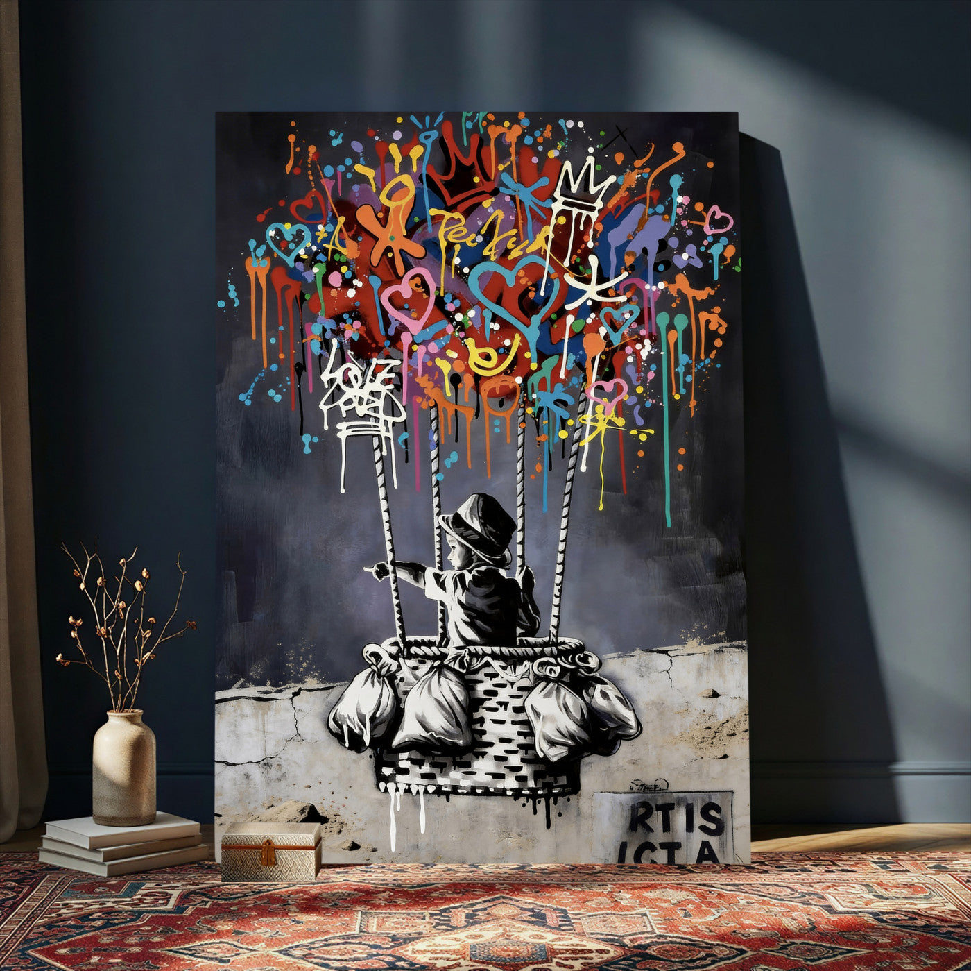 56325542-MGV-CV-24X36 - Banksy Inspired Boy Swing Wall Art Canvas Print, Graffiti Balloon Hearts Street Art, Colorful Urban Mural Artwork for Modern Living Room Decor