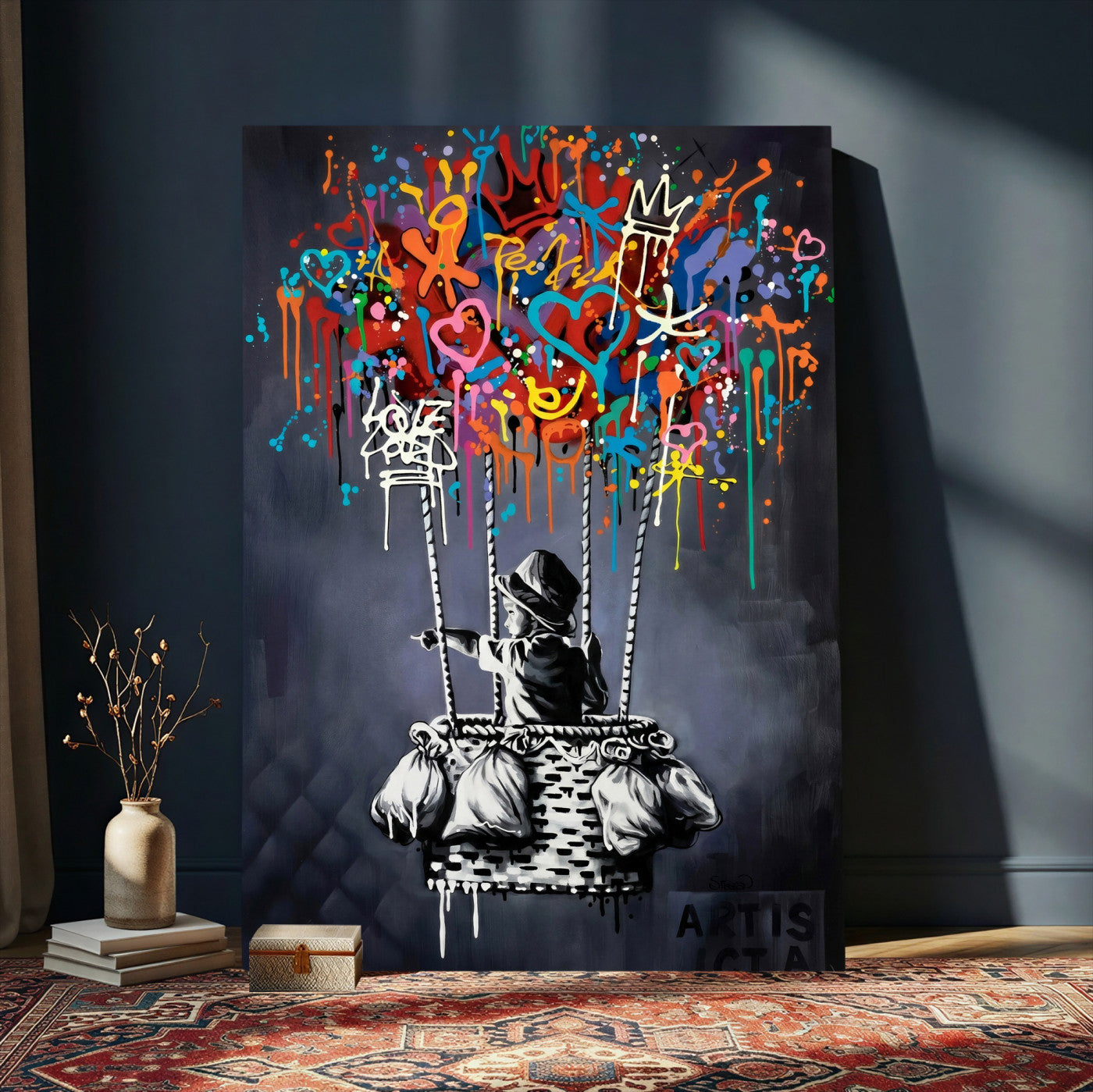 87352999-MGV-CV-24X36 - Banksy Inspired Boy Swing Wall Art Canvas Print, Graffiti Balloon Hearts Street Art, Colorful Urban Mural Artwork for Modern Living Room Decor