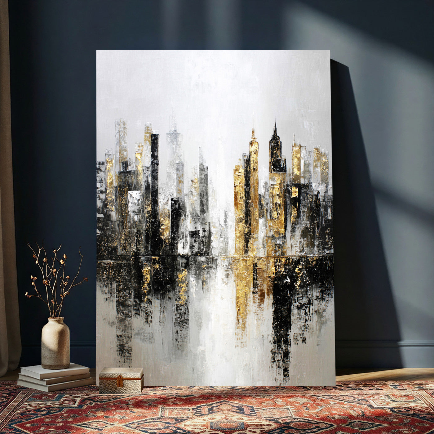38126217-MGV-CV-24X36 - Abstract Urban Reflection Wall Art Canvas Print, Gold Black Modern Architecture Canvas Print, Contemporary Moody City Artwork for Living Room Decor